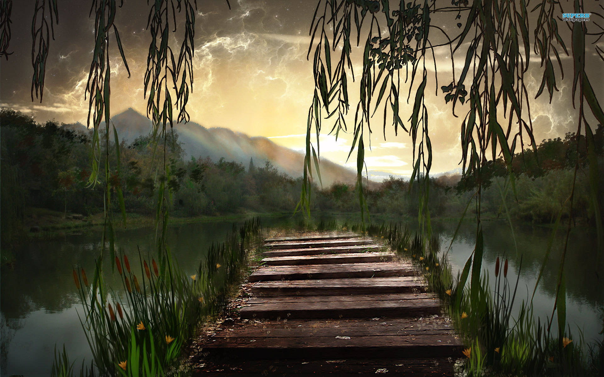 lake dock, wooden boardwalk, weeping willow, Full HD Desktop Wallpaper