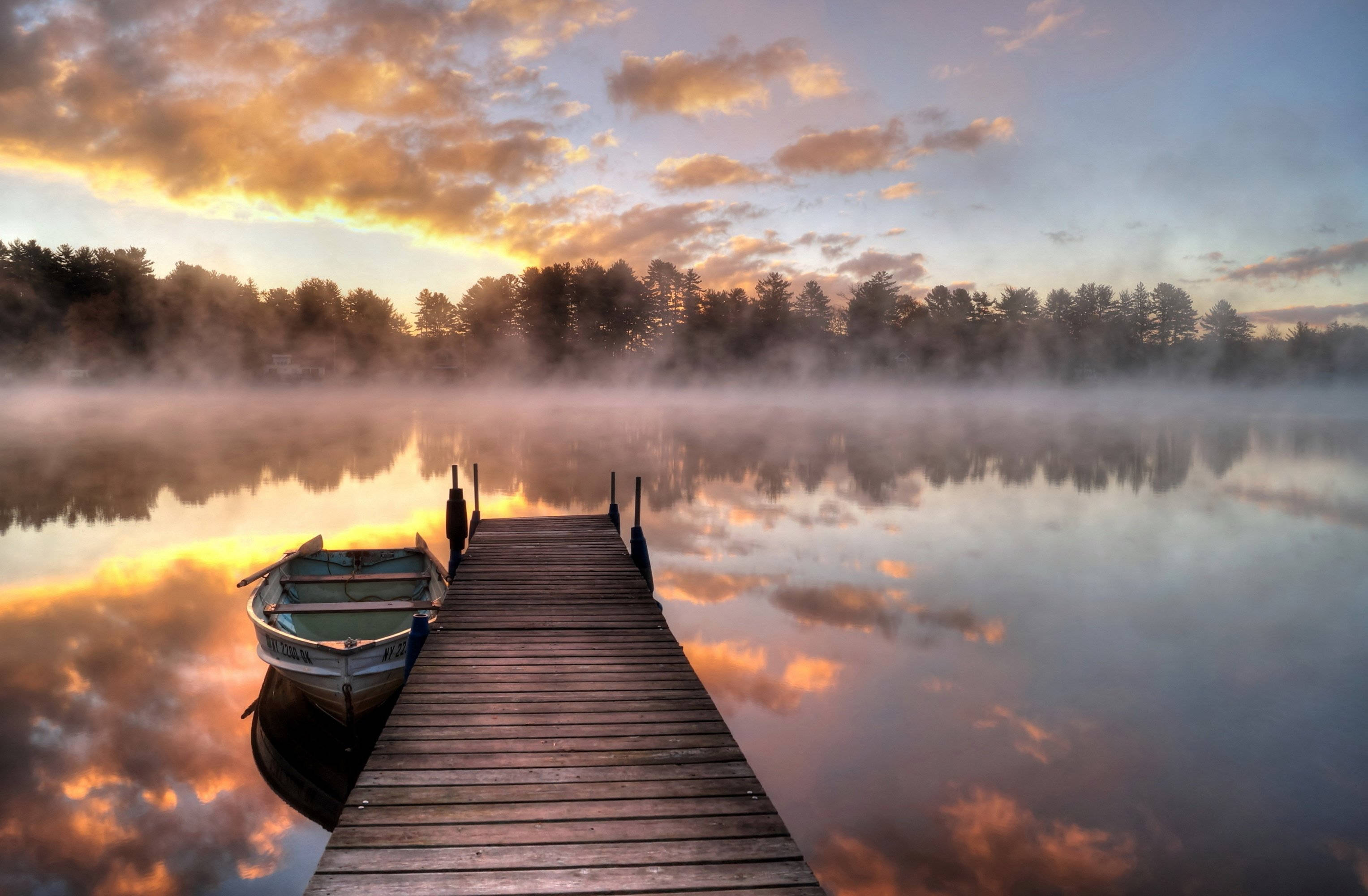 sunrise, lake, wooden dock, 2K Desktop Wallpaper