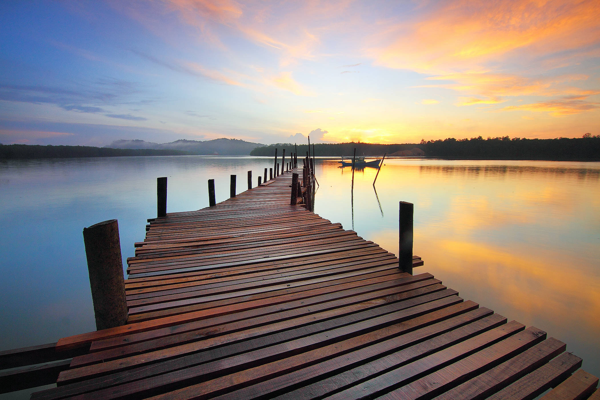 wooden lake dock, sunset, calm lake, Full HD Desktop Wallpaper