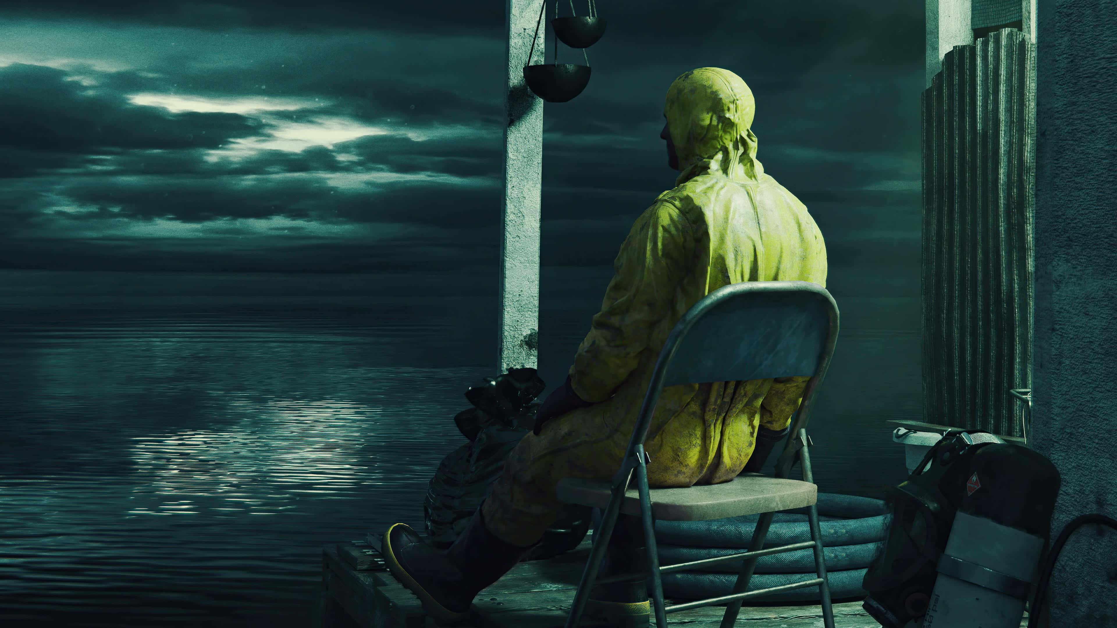 yellow diving suit, dock, dark teal water, 4K Desktop Wallpaper