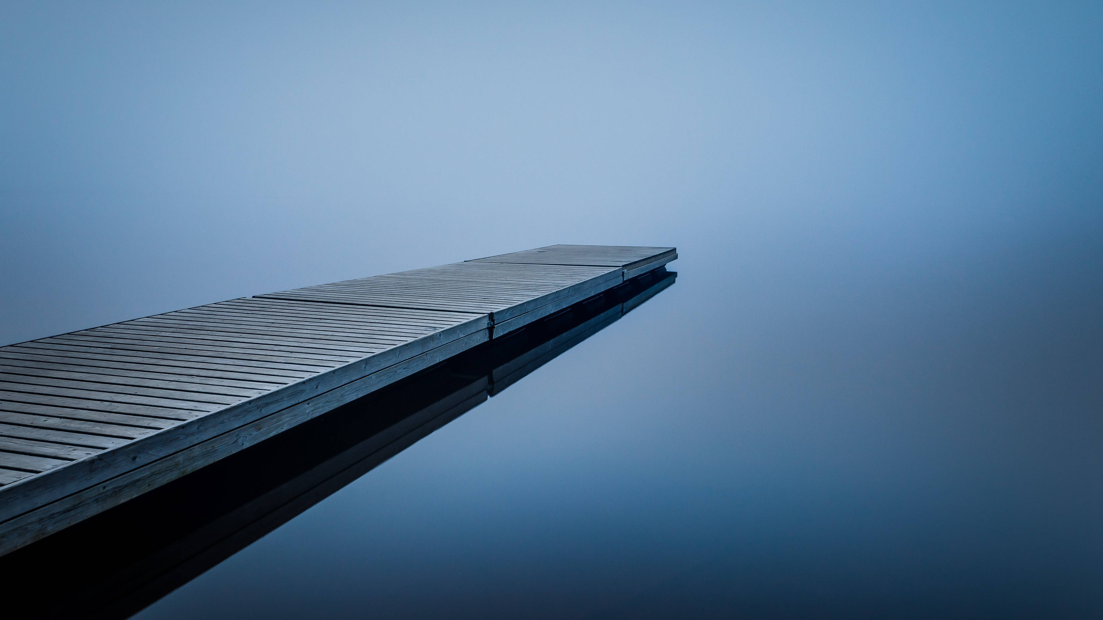 foggy boat dock, wooden dock, misty water, 4K Desktop Wallpaper