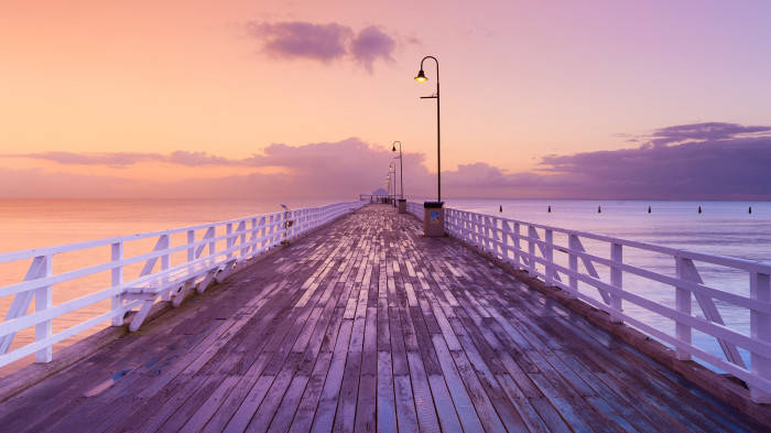Boardwalk Aesthetic Mac, wooden pier, calm waters, SD Desktop Wallpaper