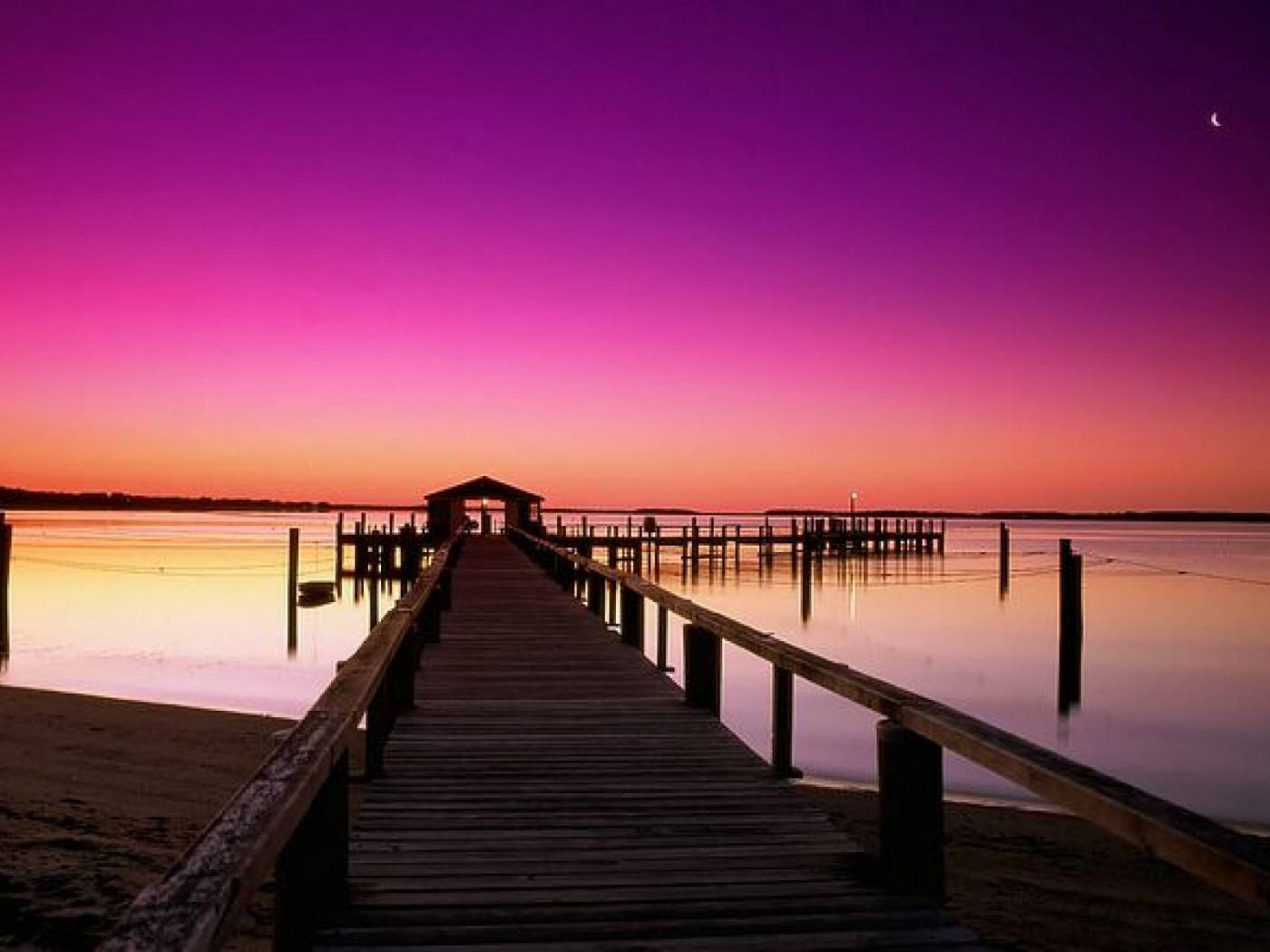 Pink Sunset Dock, wooden pier, calm water, HD Desktop Wallpaper