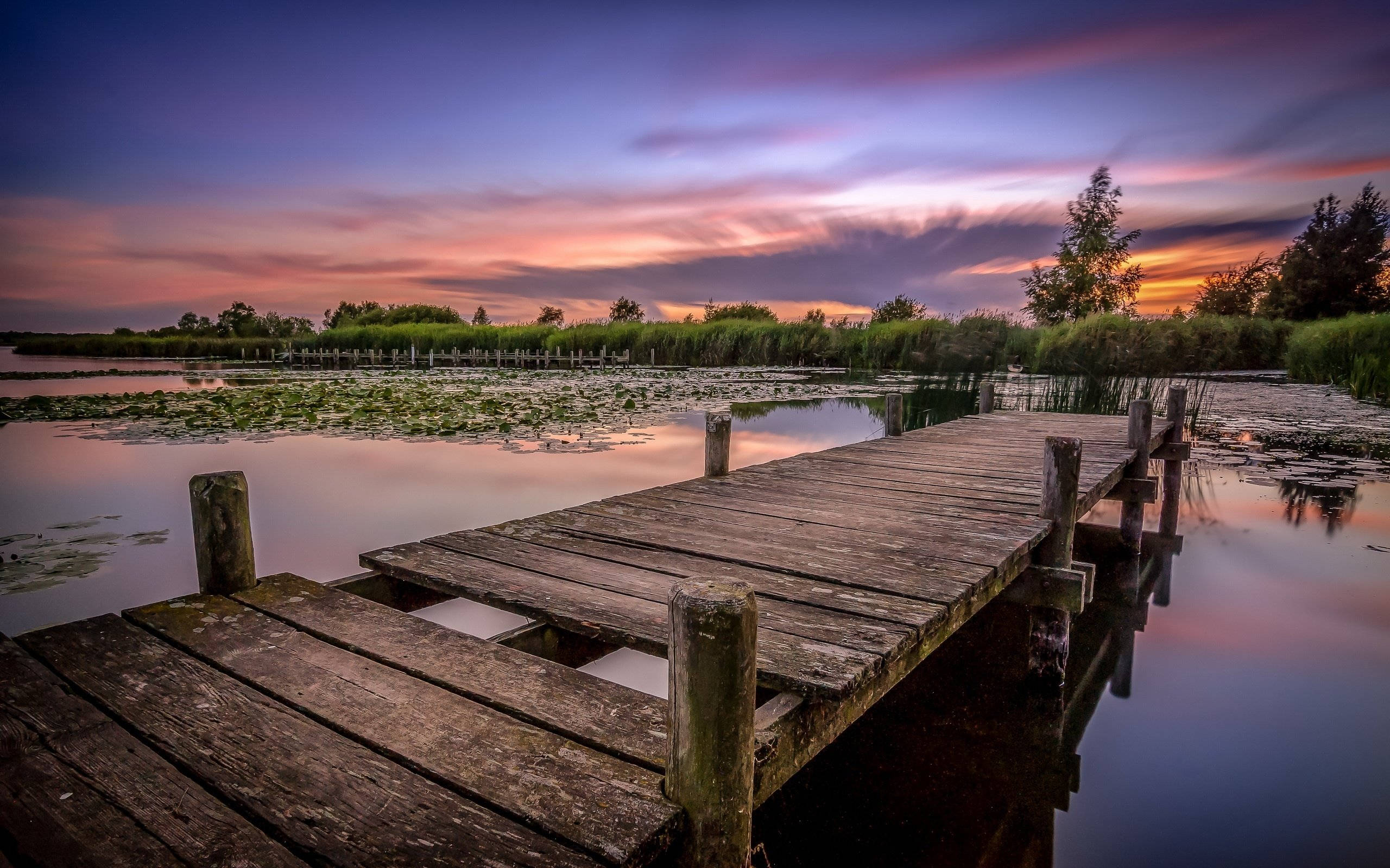 old lake fishing dock, calm pond, sunset, 2K Desktop Wallpaper