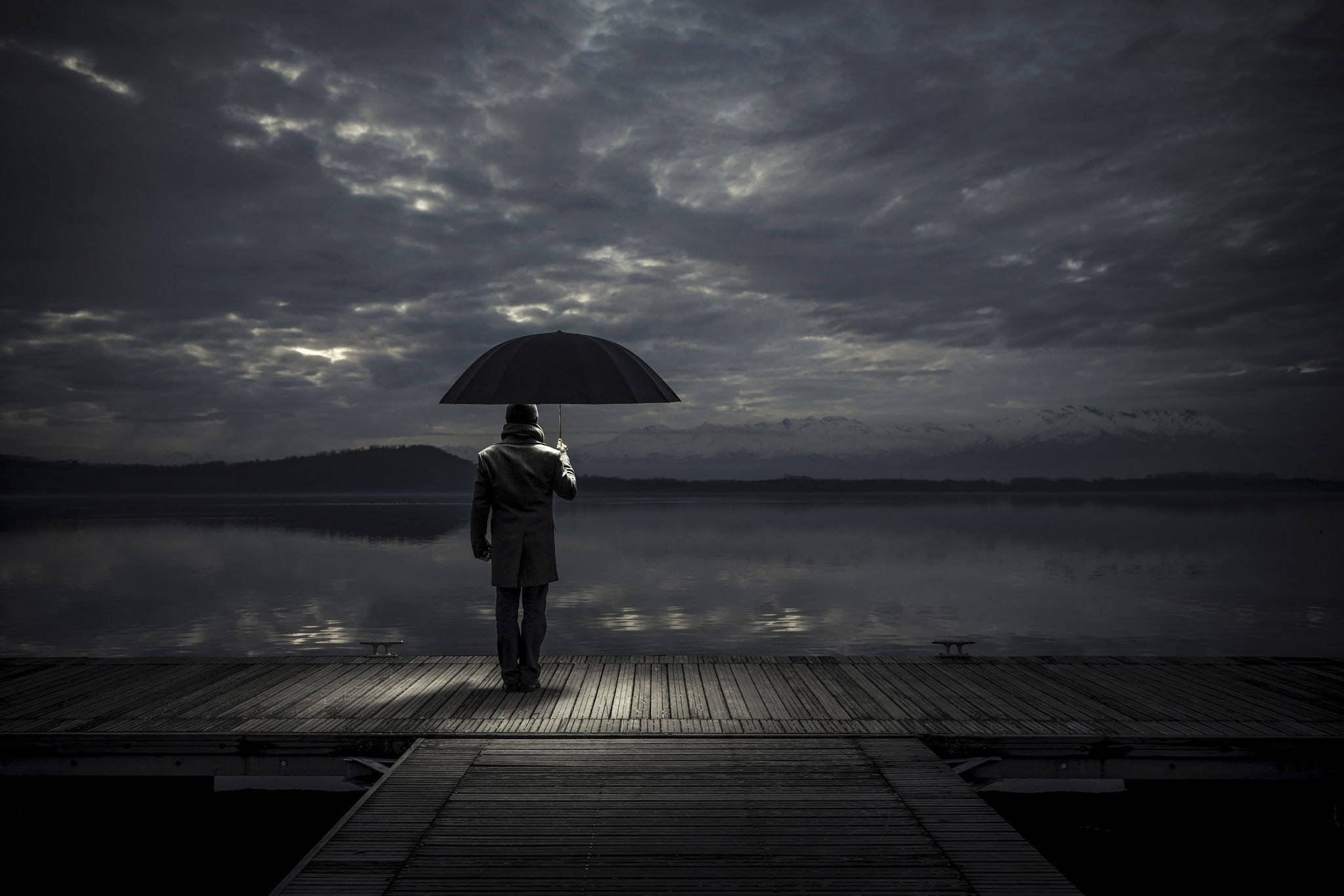 melancholy man, wooden dock, moody cloudy sky, Full HD Desktop Wallpaper