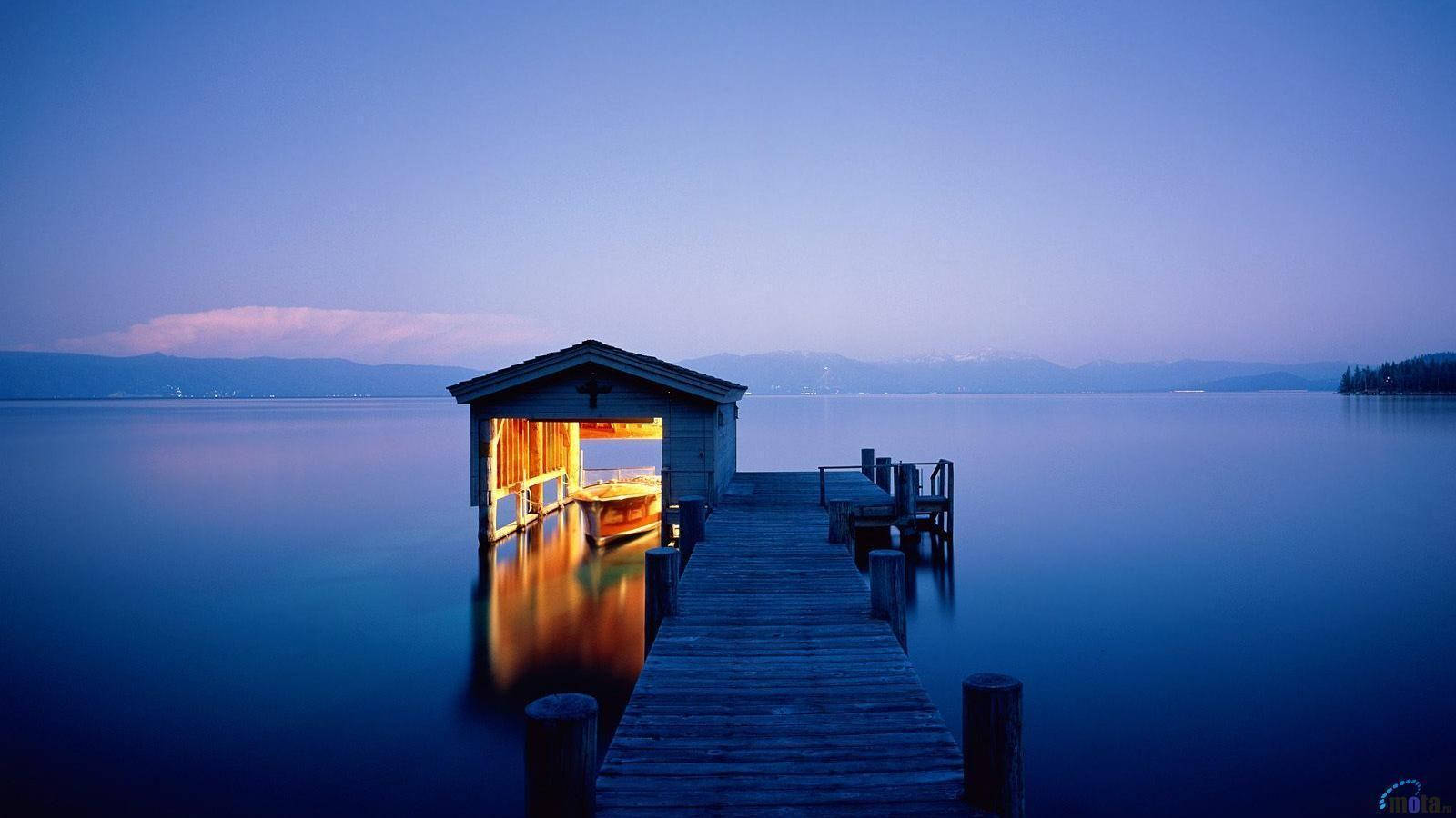 wooden dock, calm blue lake, lit boathouse, HD Desktop Wallpaper