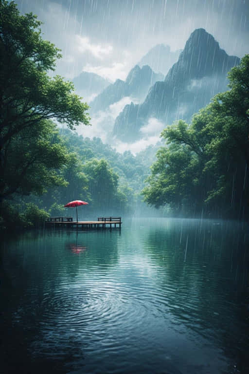 red umbrella, wooden dock, misty lake, SD Phone Wallpaper