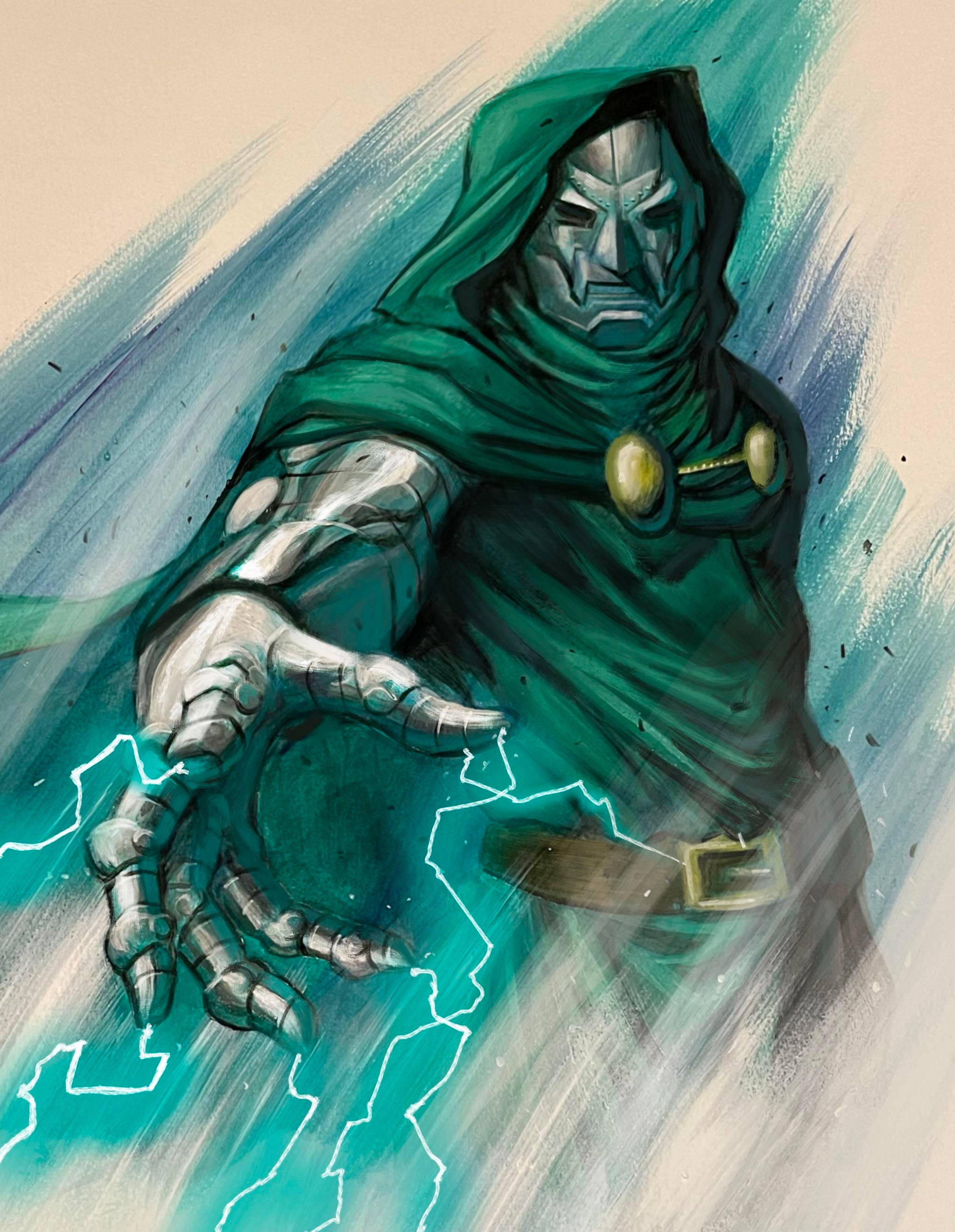 Doctor Doom, green hooded robe, metallic arms, 2K Phone Wallpaper
