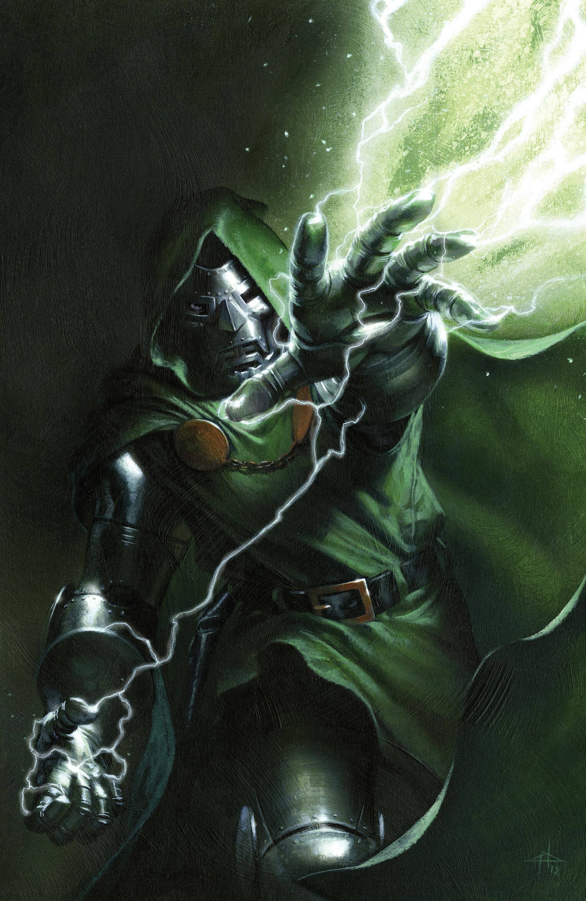 Doctor Doom, metallic armor, crackling green lightning, 2K Phone Wallpaper
