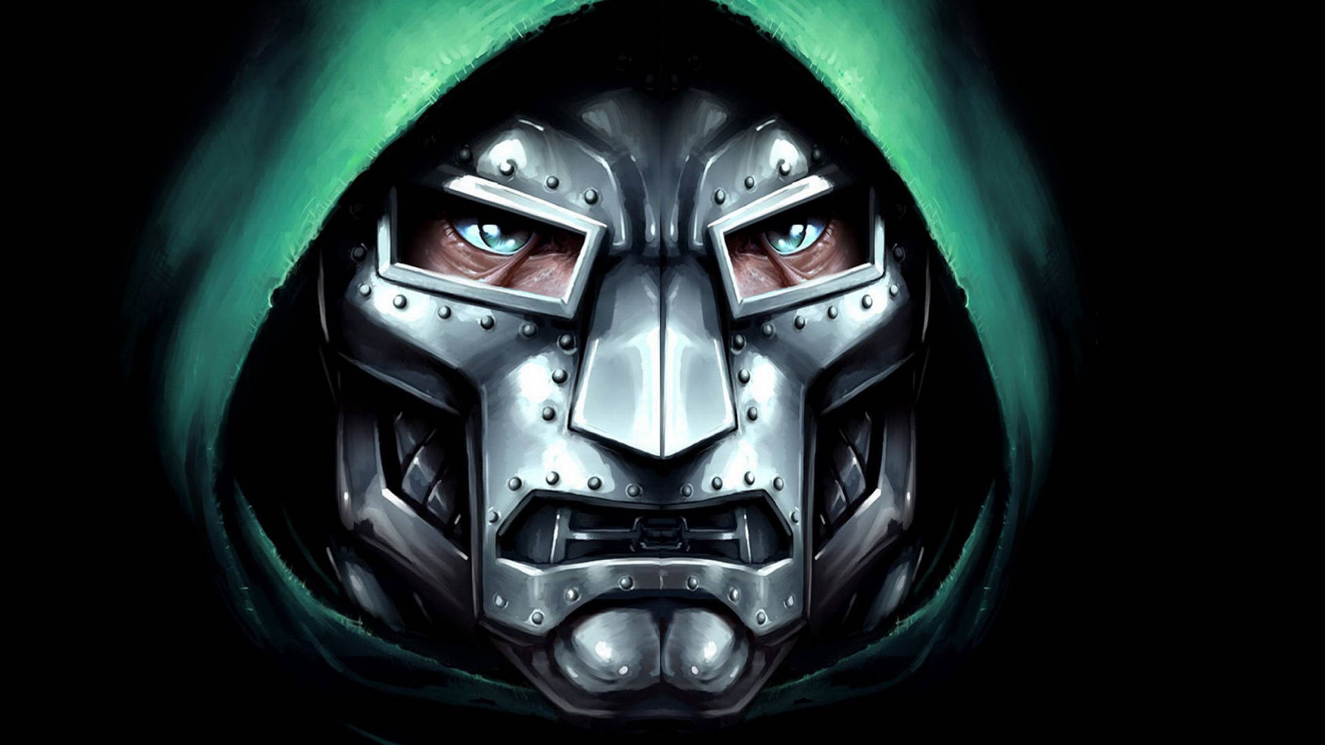 Doctor Doom, metallic masked face, glowing blue eyes, Full HD Desktop Wallpaper