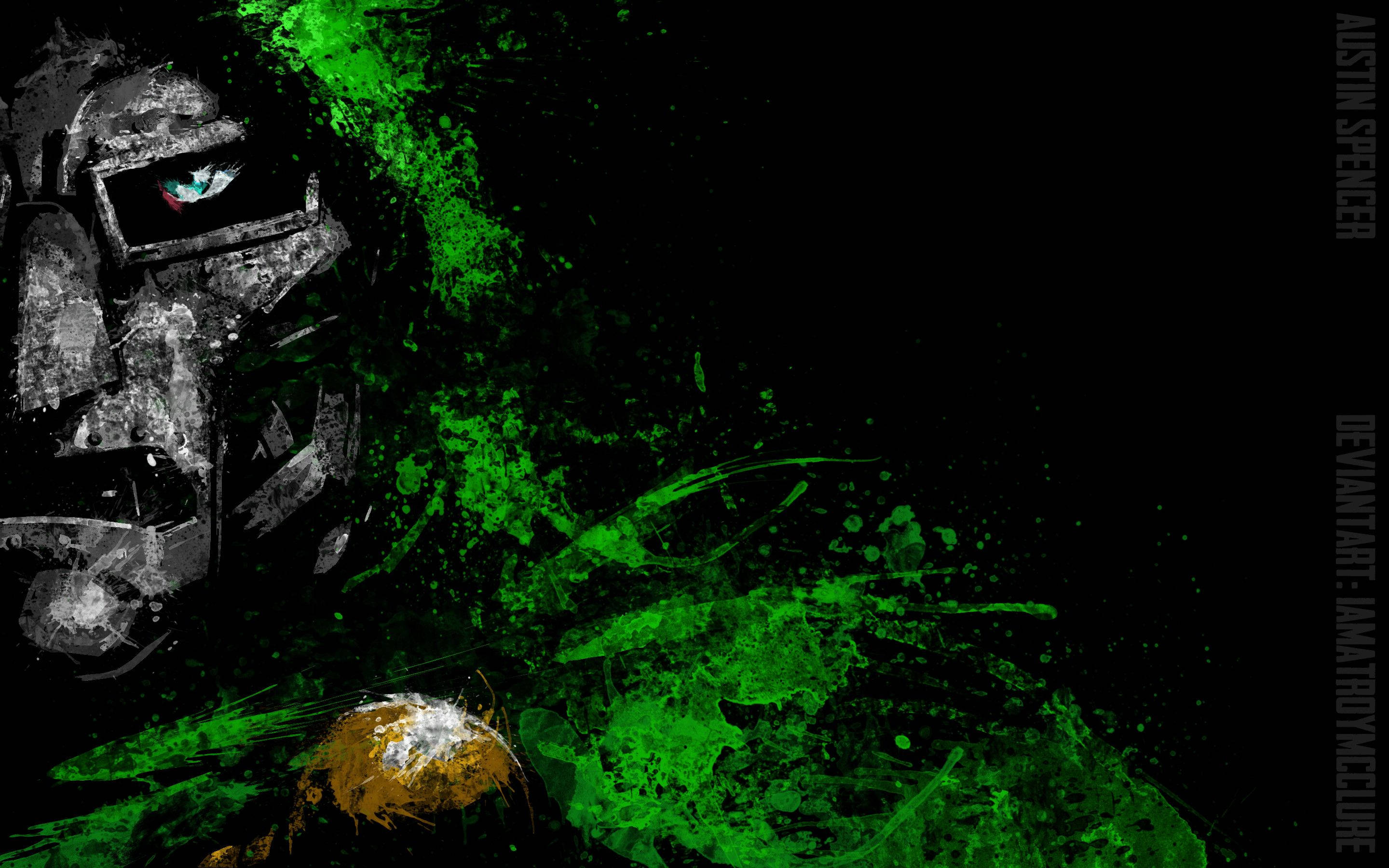 Doctor Doom, glowing green splatters, black background, 2K Desktop Wallpaper