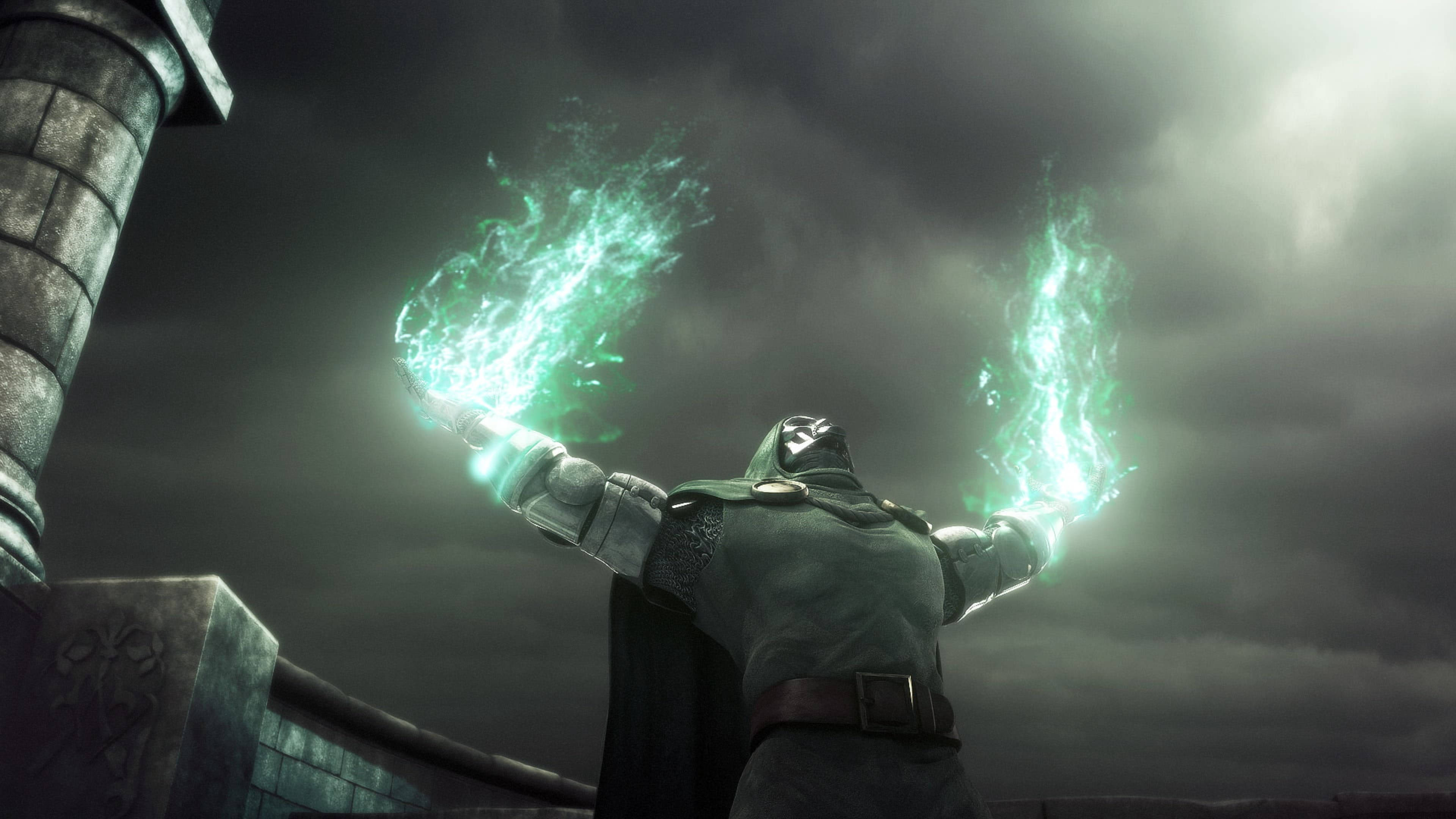 Doctor Doom, glowing green energy, stone balcony, 4K Desktop Wallpaper