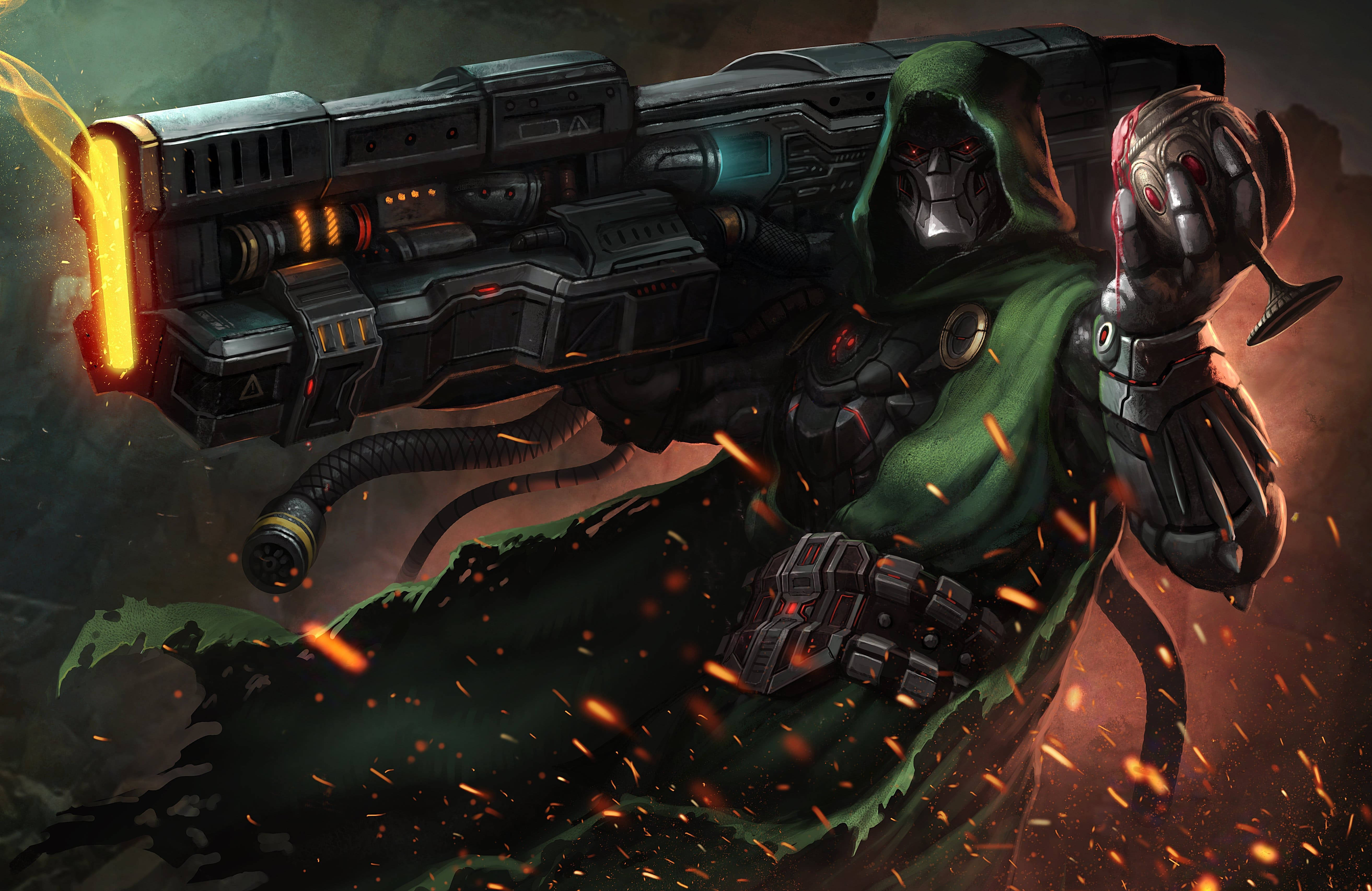 Doctor Doom, massive glowing weapon, dark fiery battlefield, 5K Desktop Wallpaper