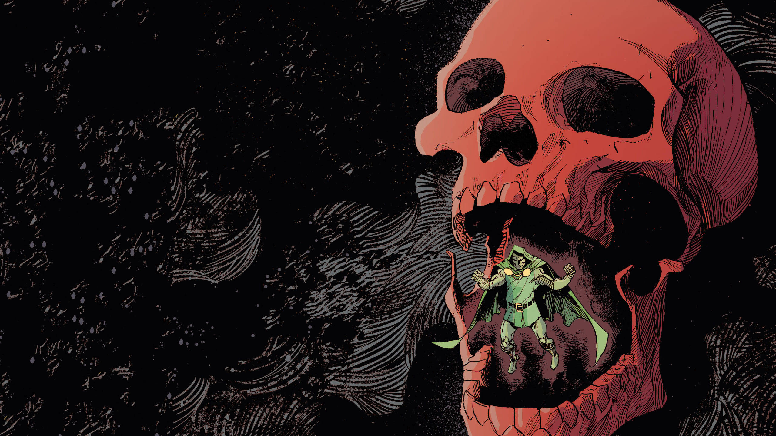 Doctor Doom, green-clad superhero, colossal red skull, 2K Desktop Wallpaper