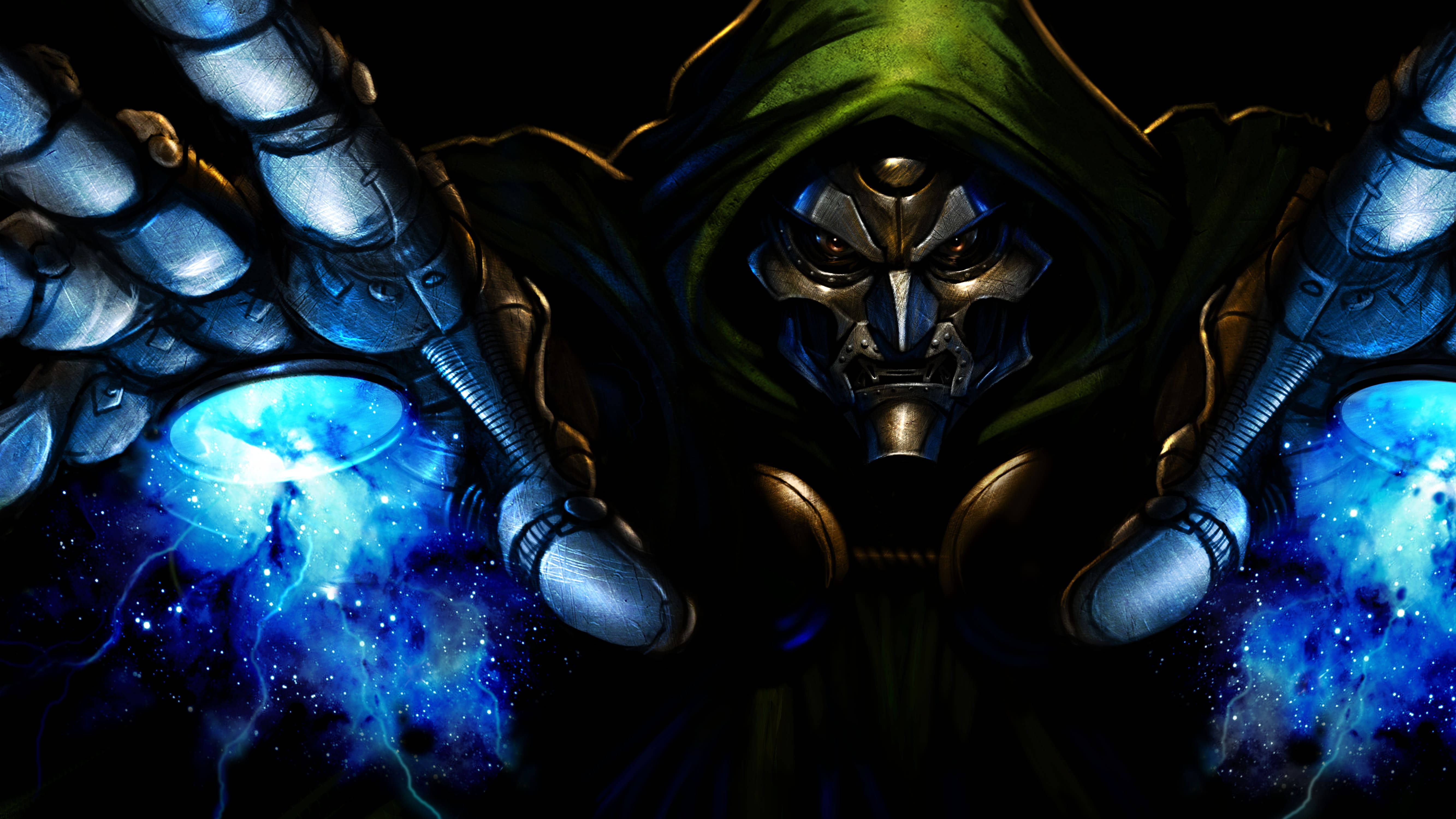 Doctor Doom, metallic hands, glowing blue cosmic energy, 5K Desktop Wallpaper