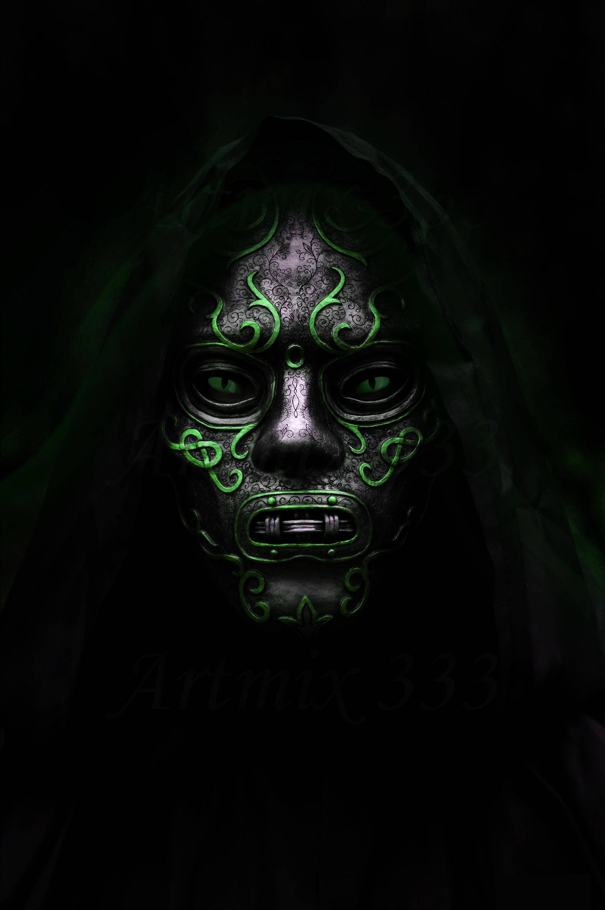 Doctor Doom, glowing green patterns, hood, 2K Phone Wallpaper