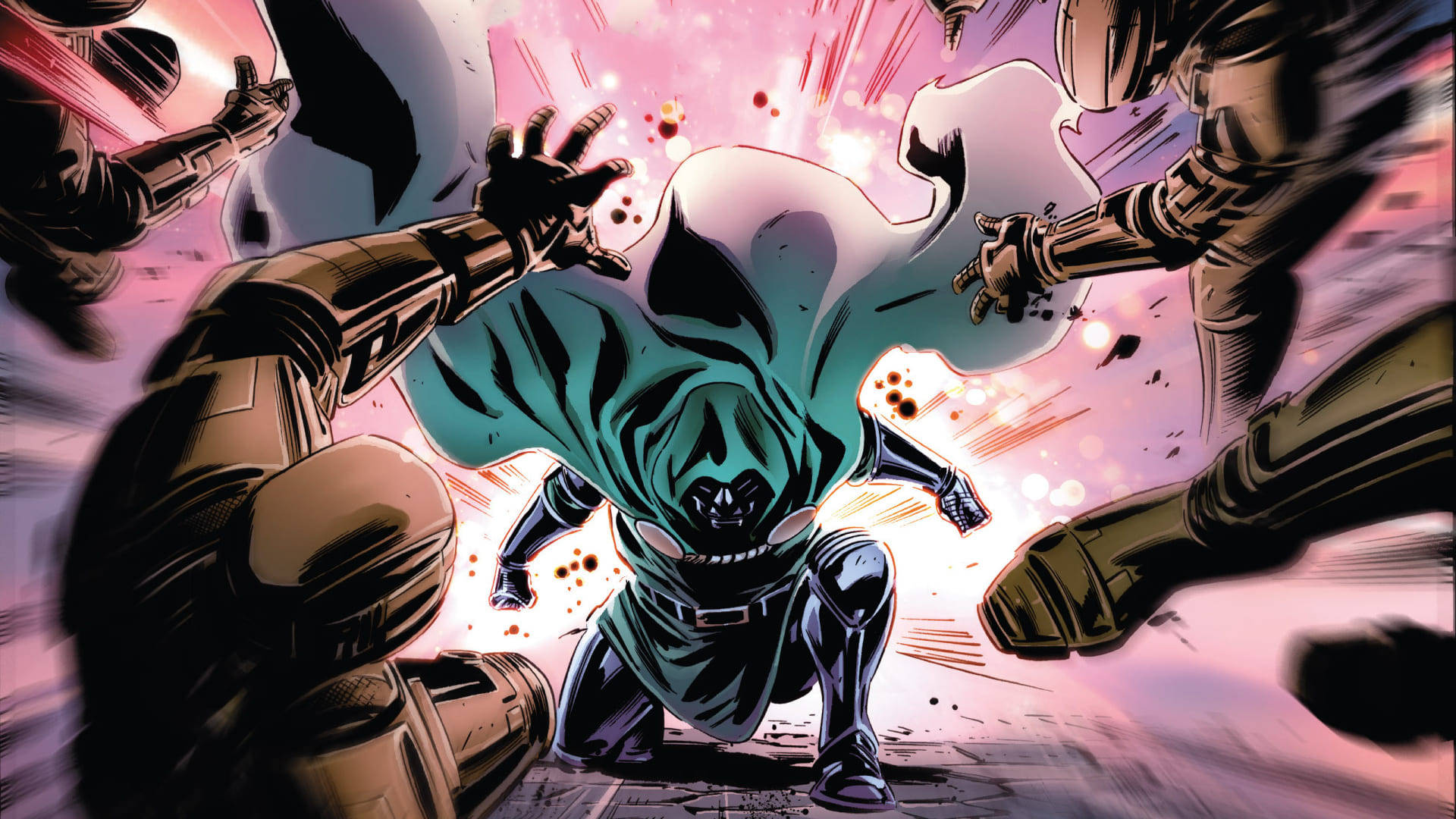 Doctor Doom, teal cape, armored foes, Full HD Desktop Wallpaper