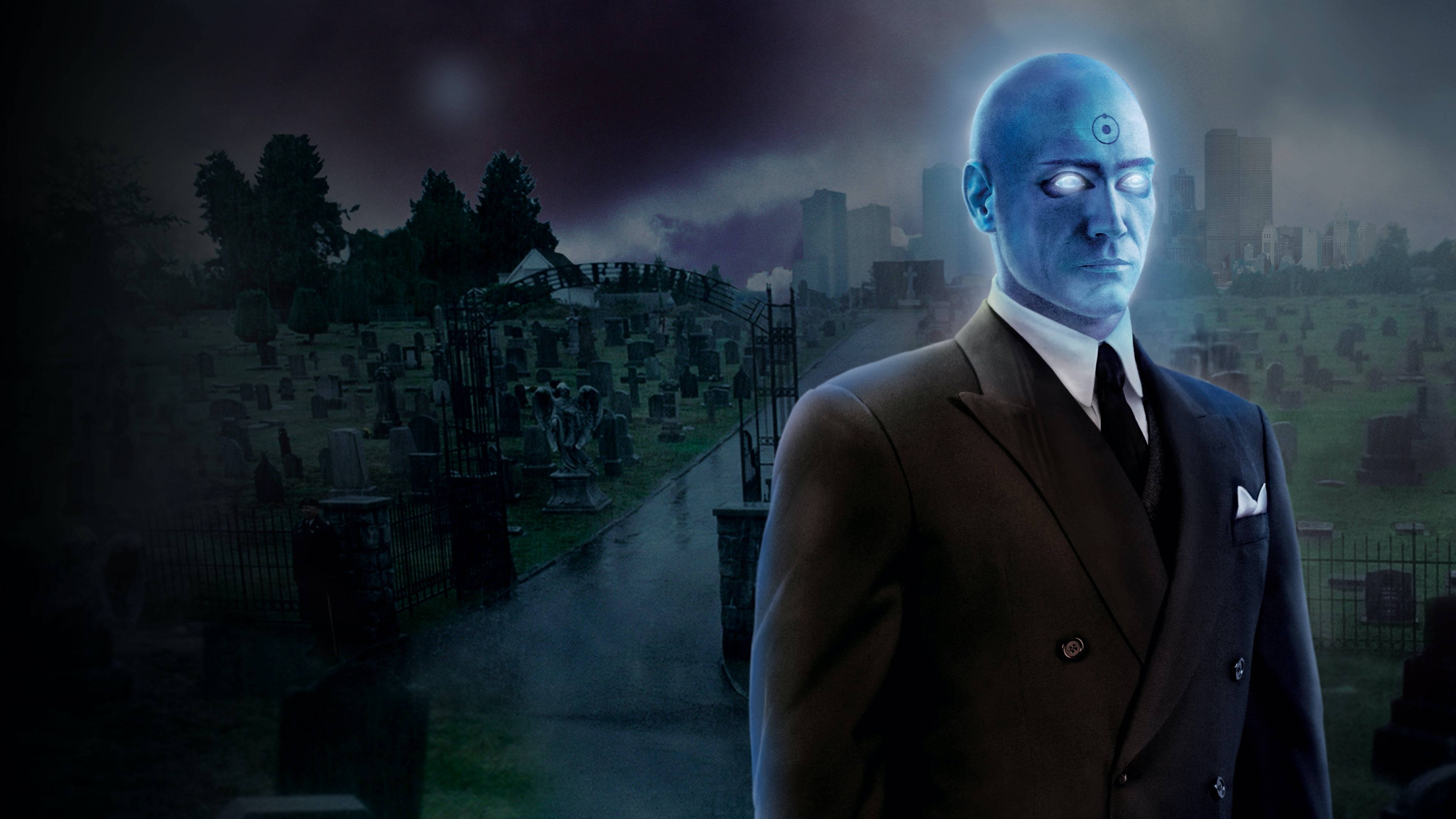 Doctor Manhattan, black suit, misty cemetery, 4K Desktop Wallpaper