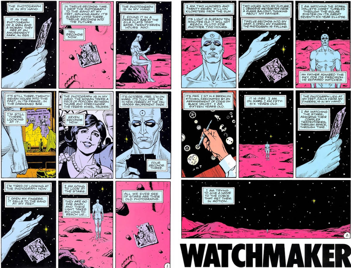 Doctor Manhattan, pink-hued alien planet, comic book page, SD Desktop Wallpaper