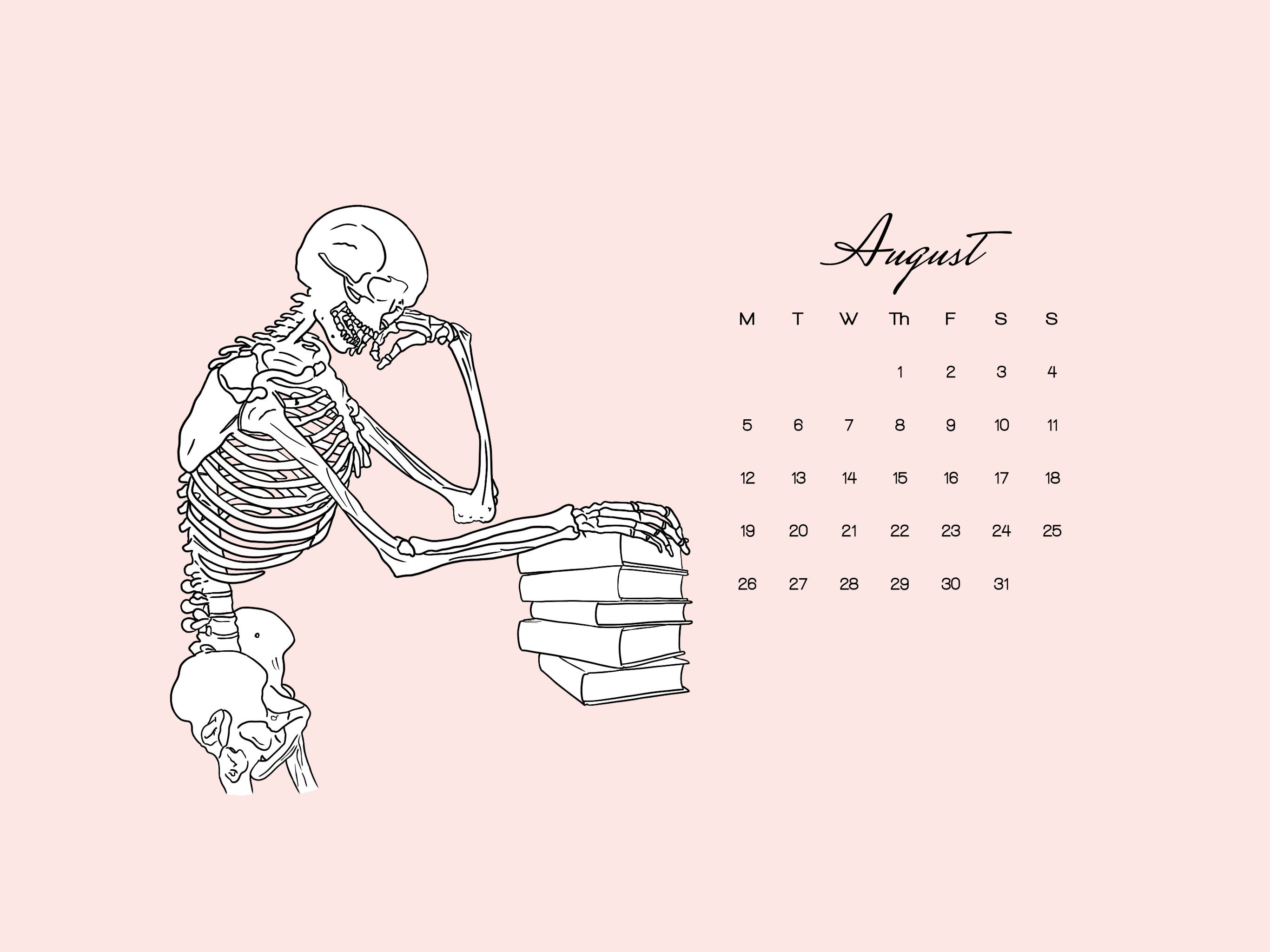 Medical Motivation Skeleton August Calendar, skeleton, book, 2K Desktop Wallpaper