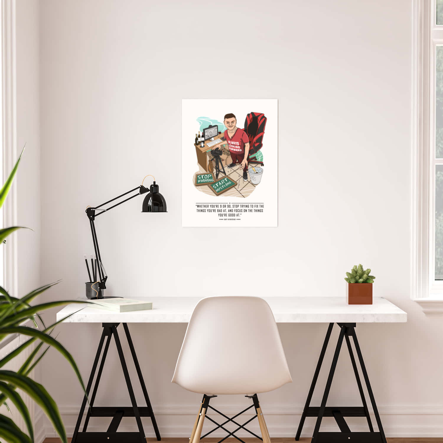 motivational poster, modern office setup, white desk, HD Desktop Wallpaper