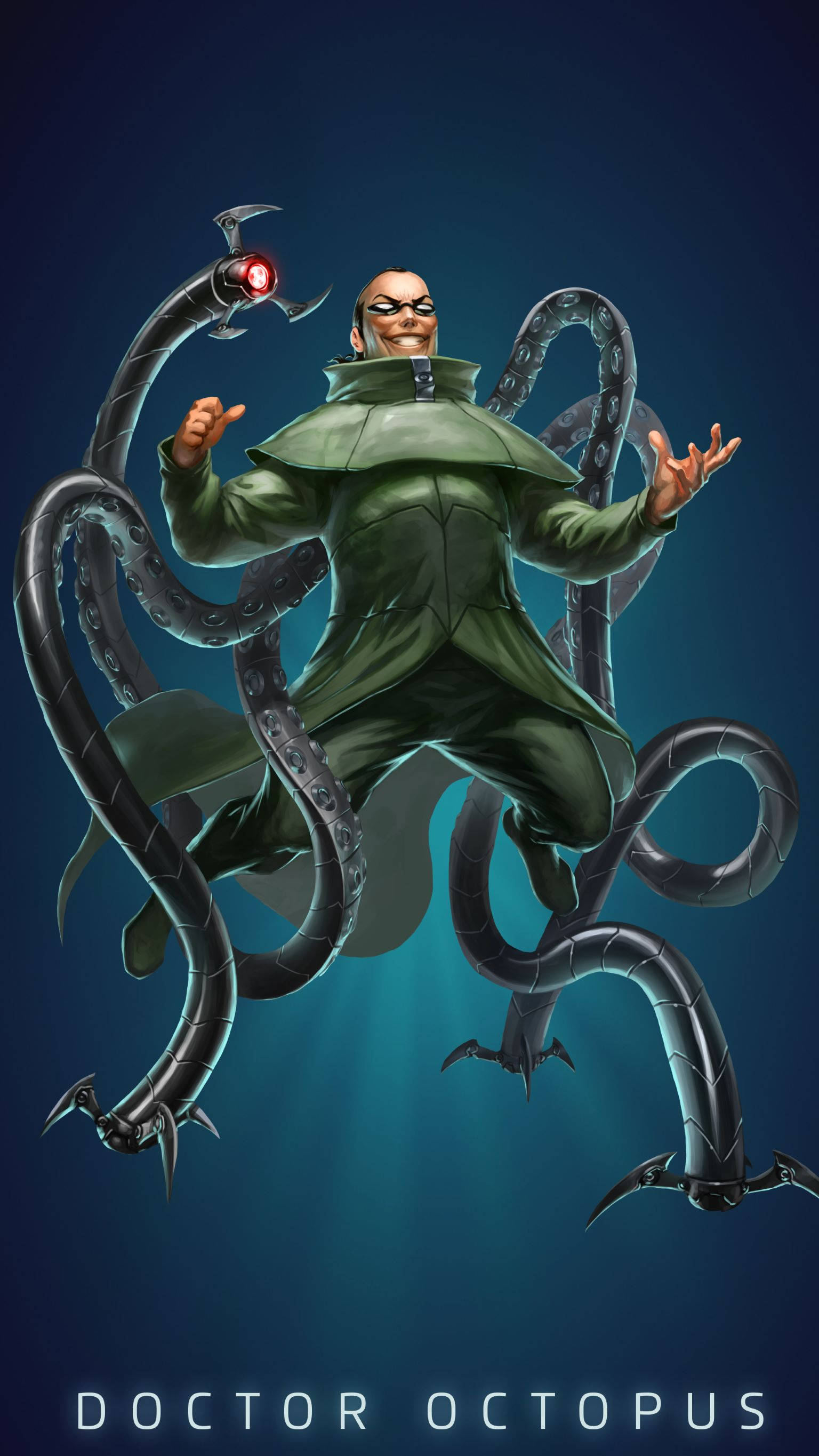 Doctor Octopus, four mechanical tentacles, deep blue gradient background, 2K Phone Wallpaper