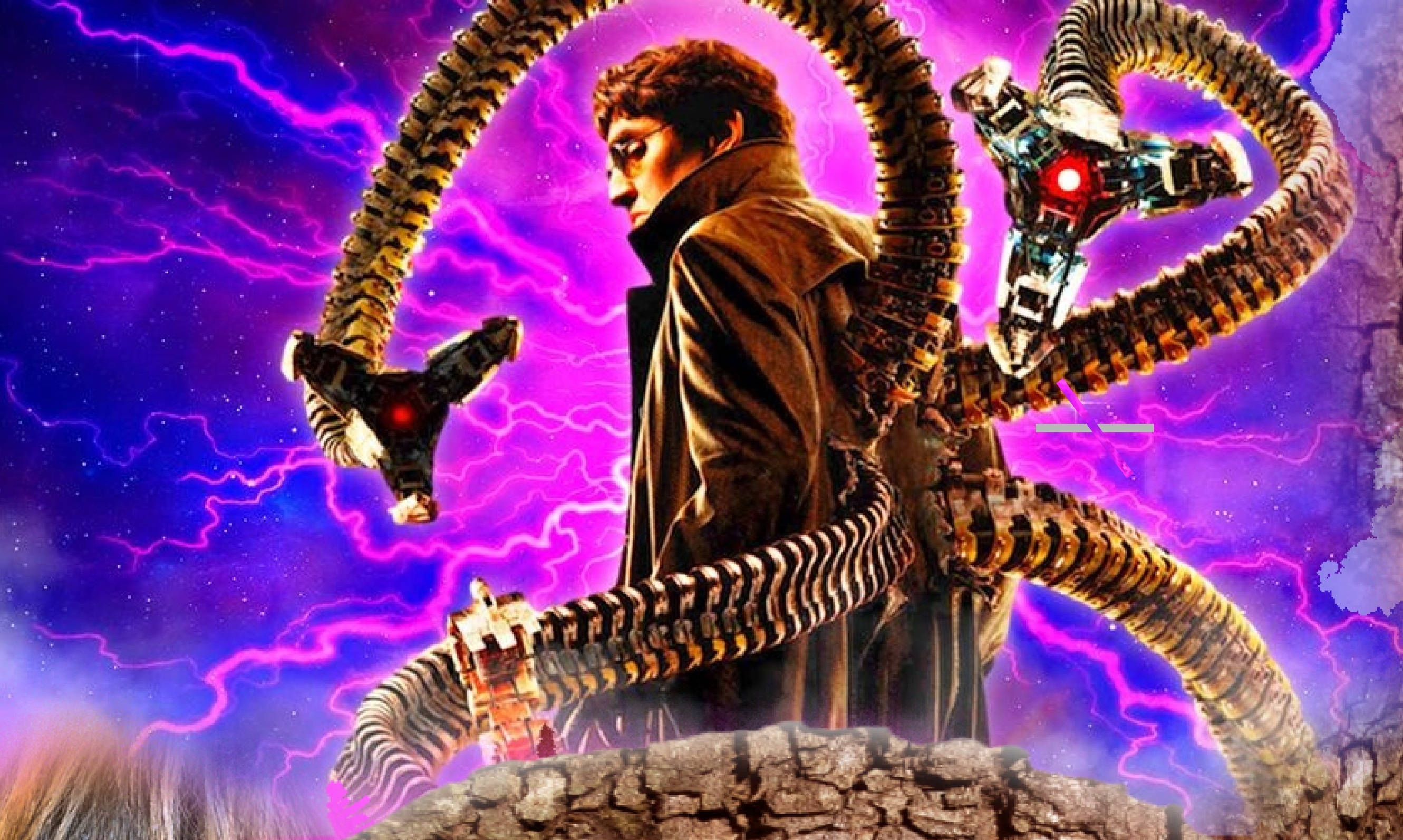 Doctor Octopus, purple, glowing red eyes, 2K Desktop Wallpaper