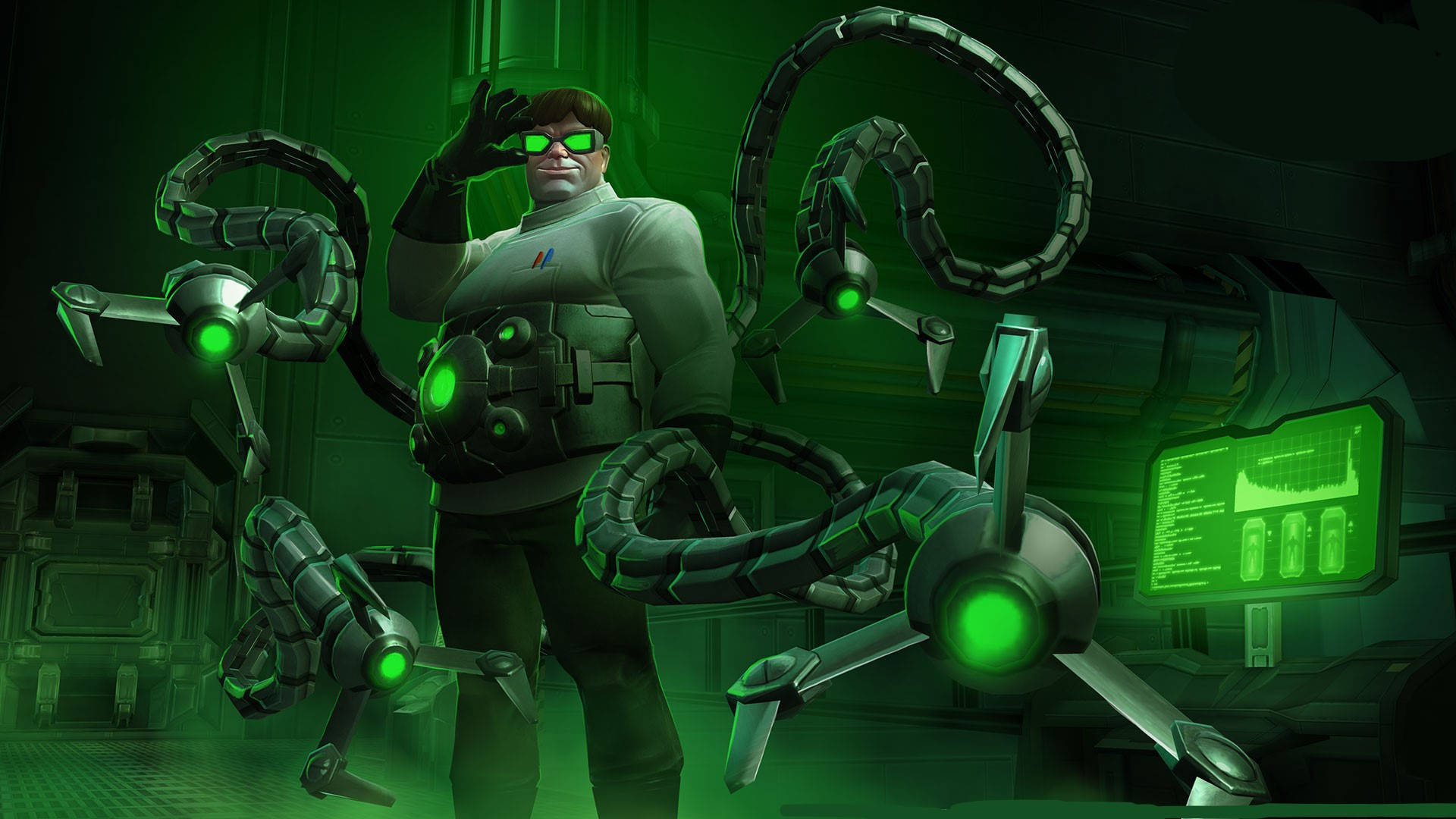 Doctor Octopus, 3D Comic, dim green-lit lab, Full HD Desktop Wallpaper