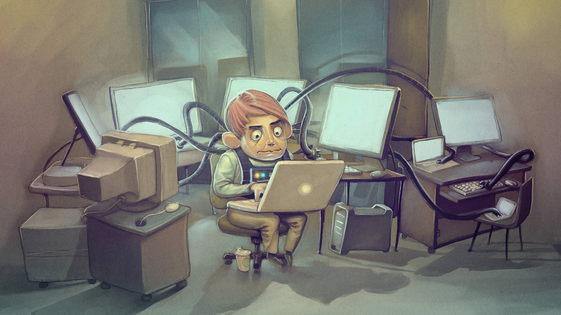 Doctor Octopus, cartoon boy, tangled wires, Full HD Desktop Wallpaper