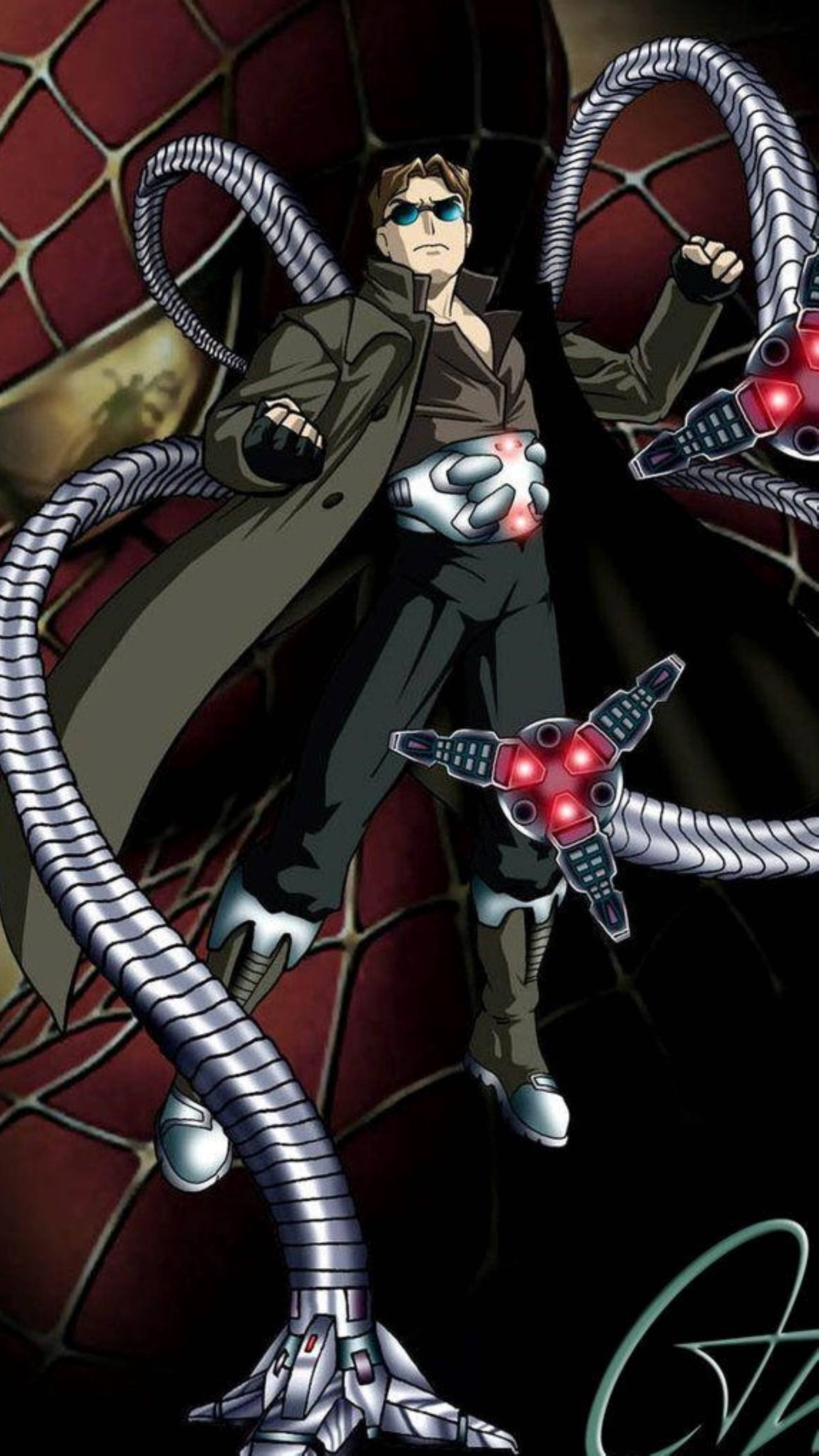 Doctor Octopus, four mechanical arms, red webbed backdrop, 5K Phone Wallpaper