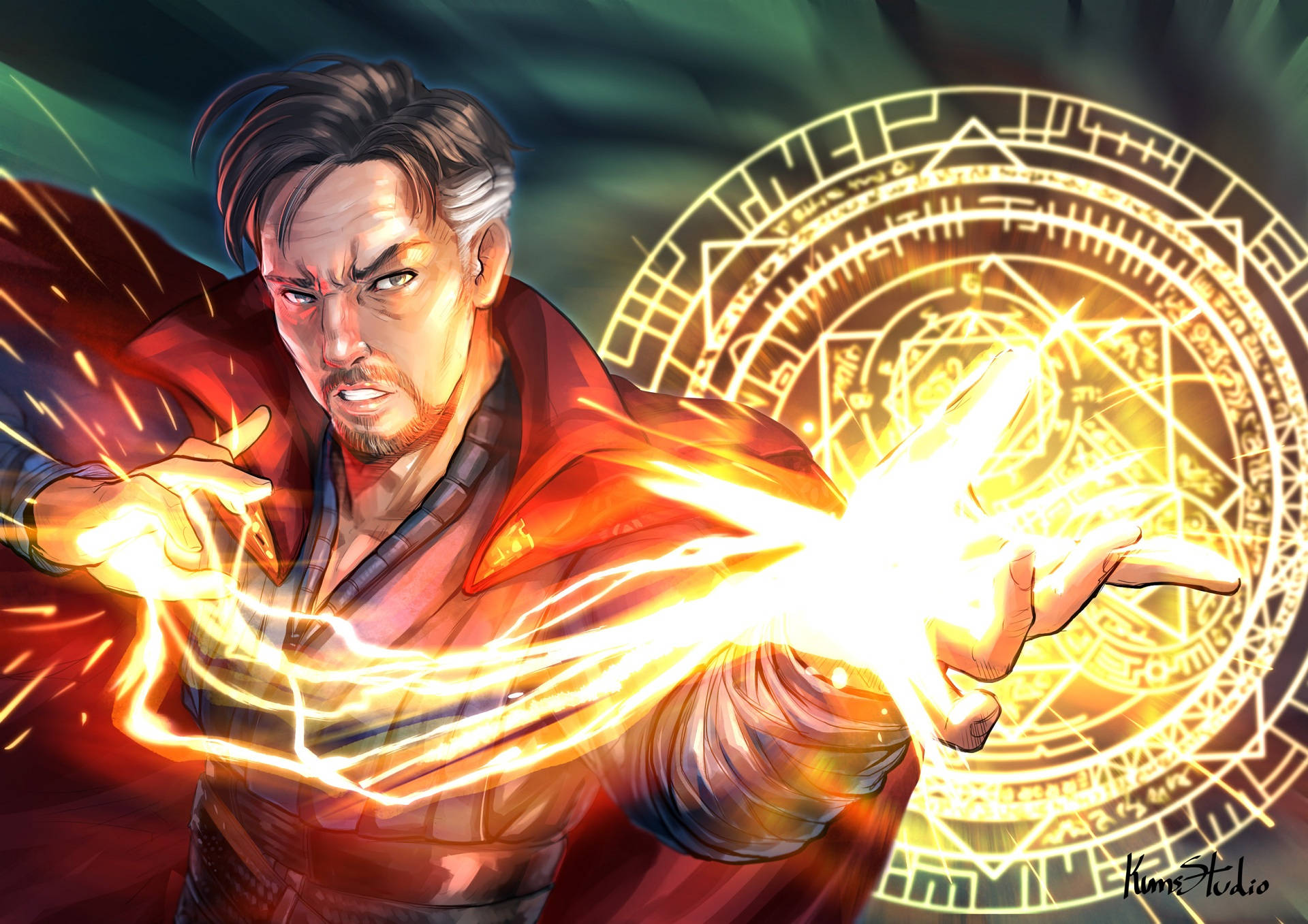Doctor Strange, red robe, glowing orange magic energy, Full HD Desktop Wallpaper