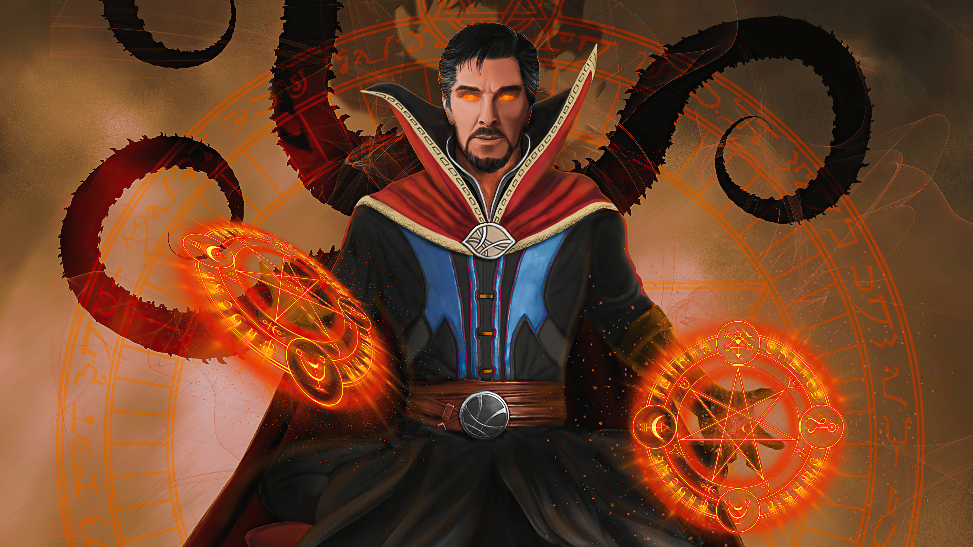 Doctor Strange, glowing orange eyes, fiery magical sigils, 4K Desktop Wallpaper