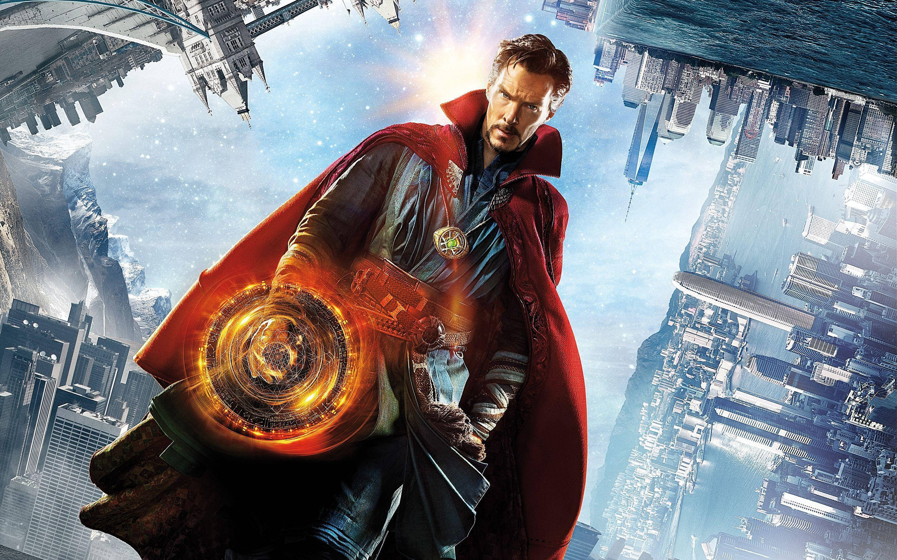Doctor Strange, cosmic cityscape, inverted skyscrapers, 2K Desktop Wallpaper