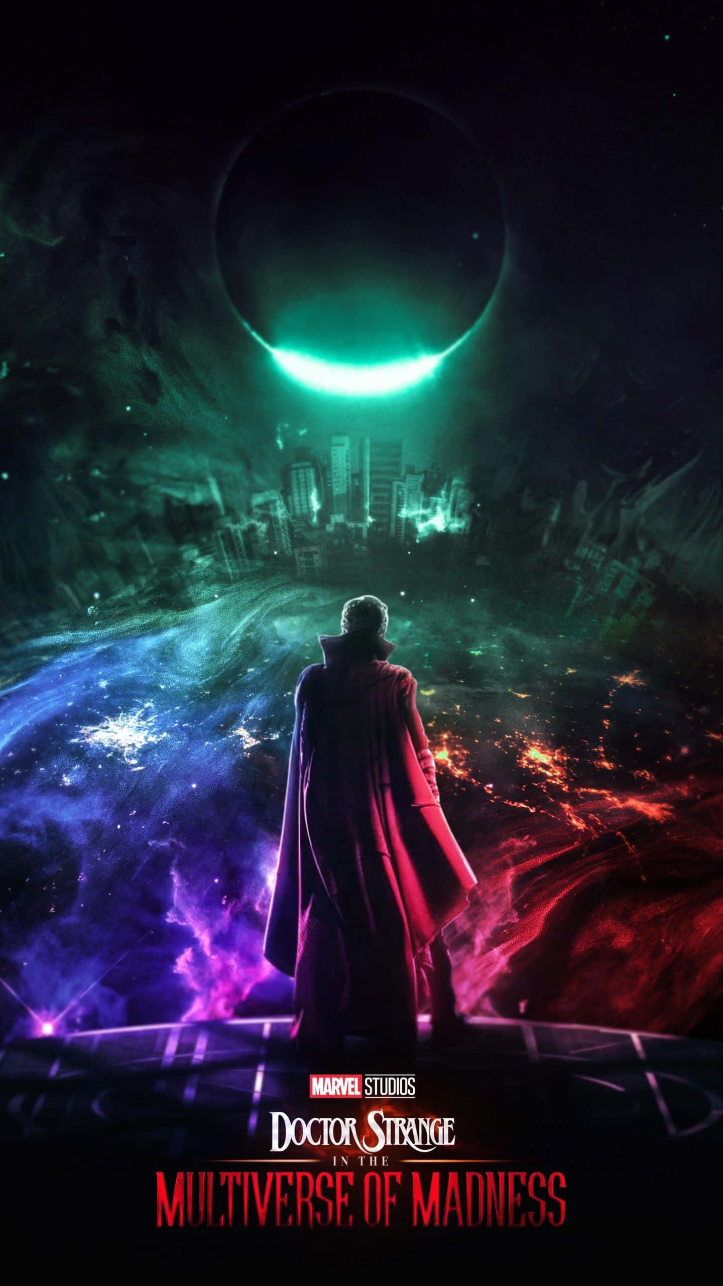 Doctor Strange, cosmic platform, glowing green eclipse, 2K Phone Wallpaper