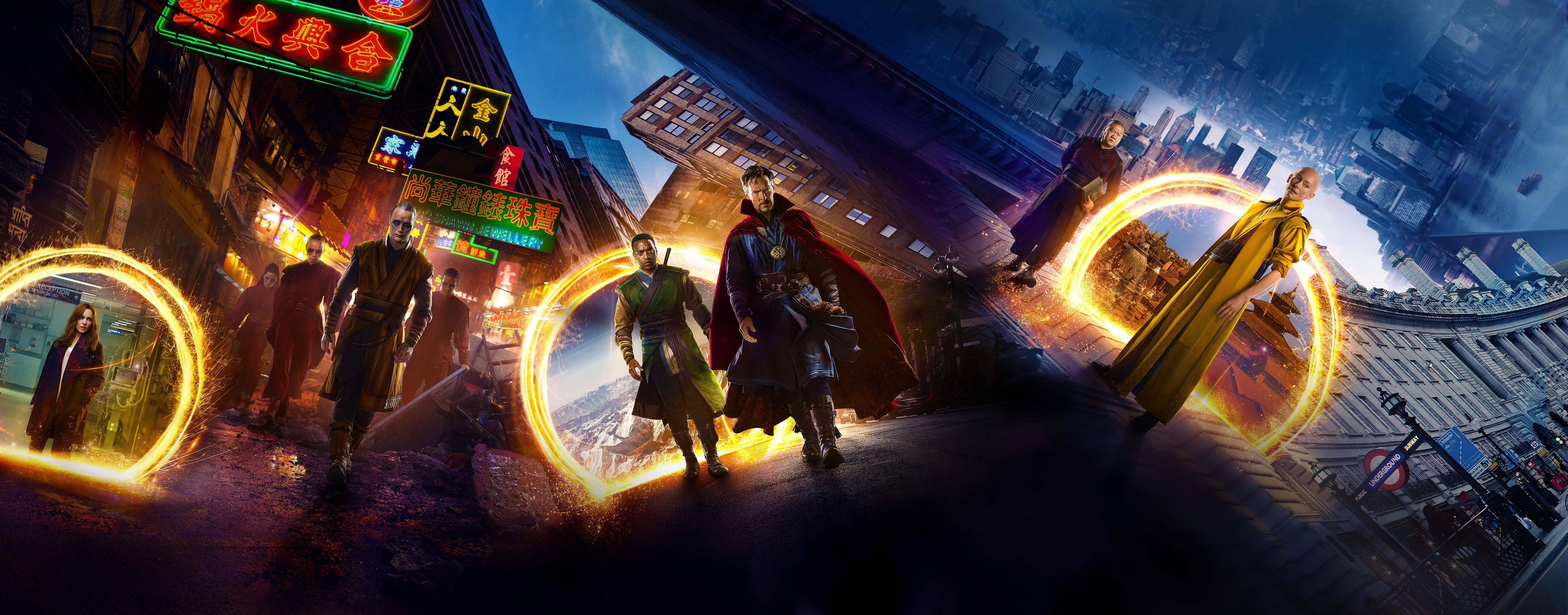 Doctor Strange, neon-lit cityscape, glowing portals, 5K Desktop Wallpaper