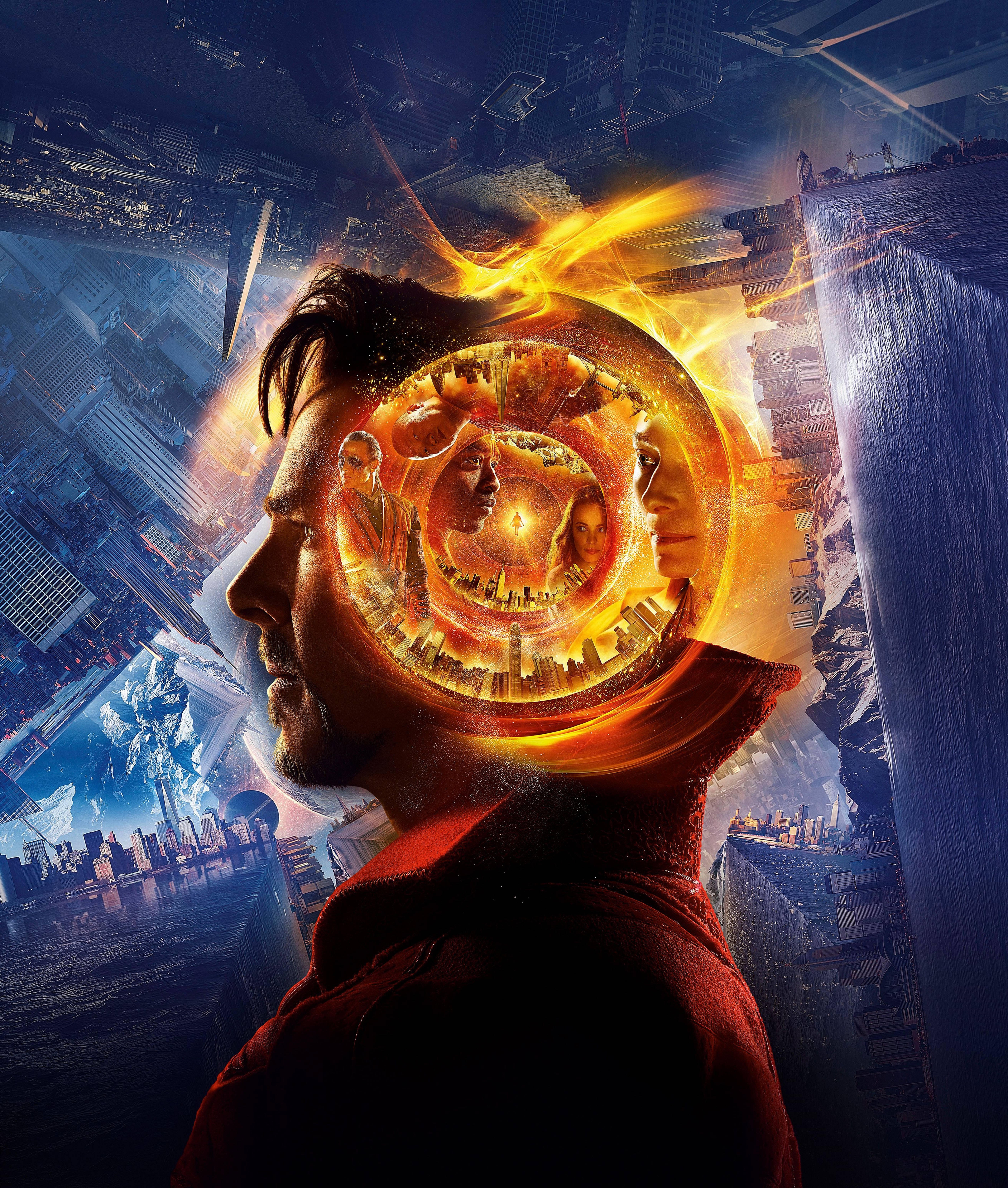 Doctor Strange, inter dimensional portal, glowing spiral of faces and cityscapes, 5K Phone Wallpaper