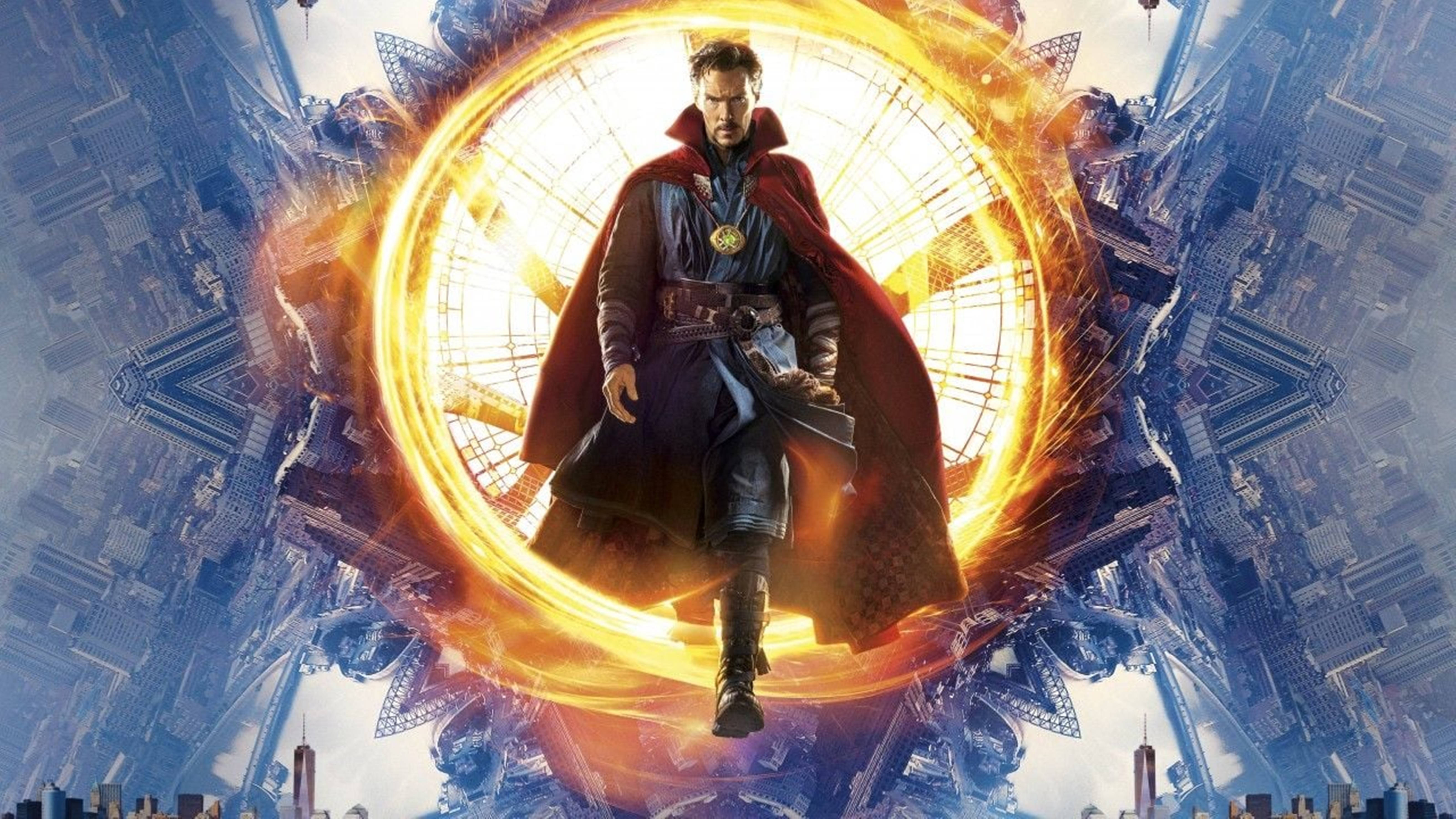 Doctor Strange, glowing golden portal, mirrored cityscape, 5K Desktop Wallpaper