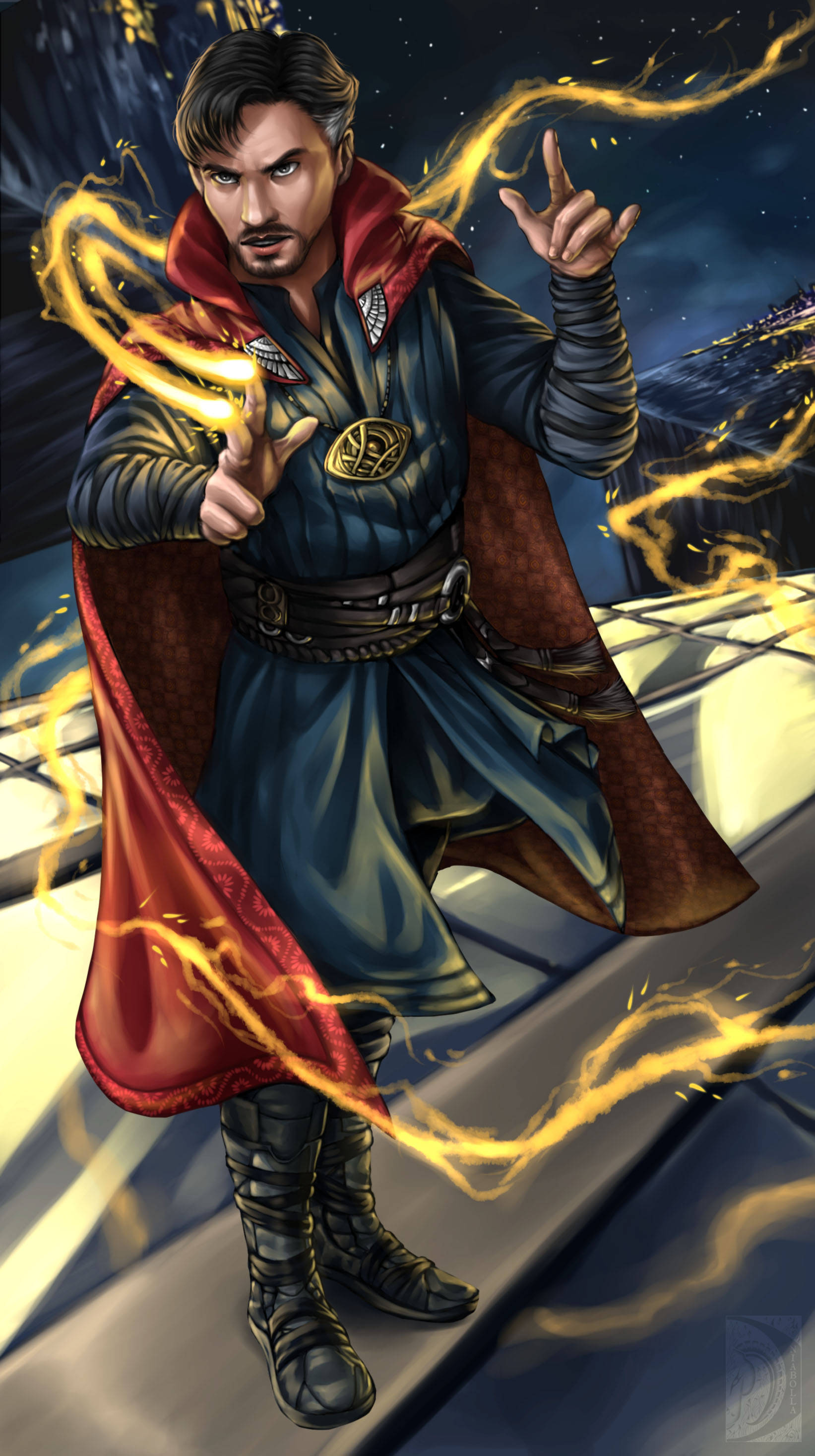 Doctor Strange, red cape, golden energy, 2K Phone Wallpaper