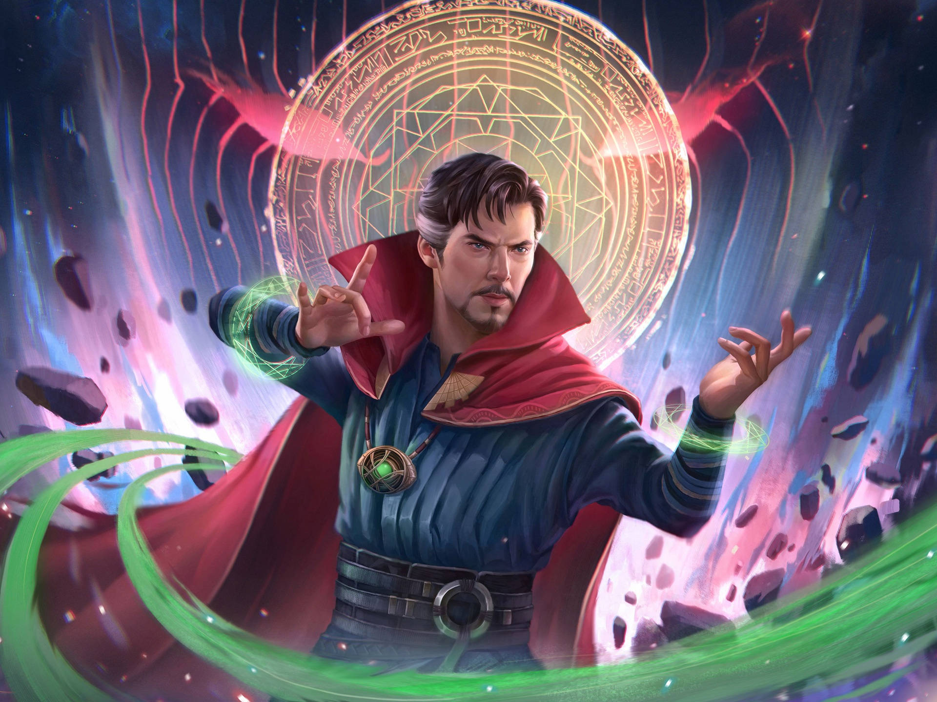 Doctor Strange, glowing green hands, cosmic backdrop, Full HD Desktop Wallpaper