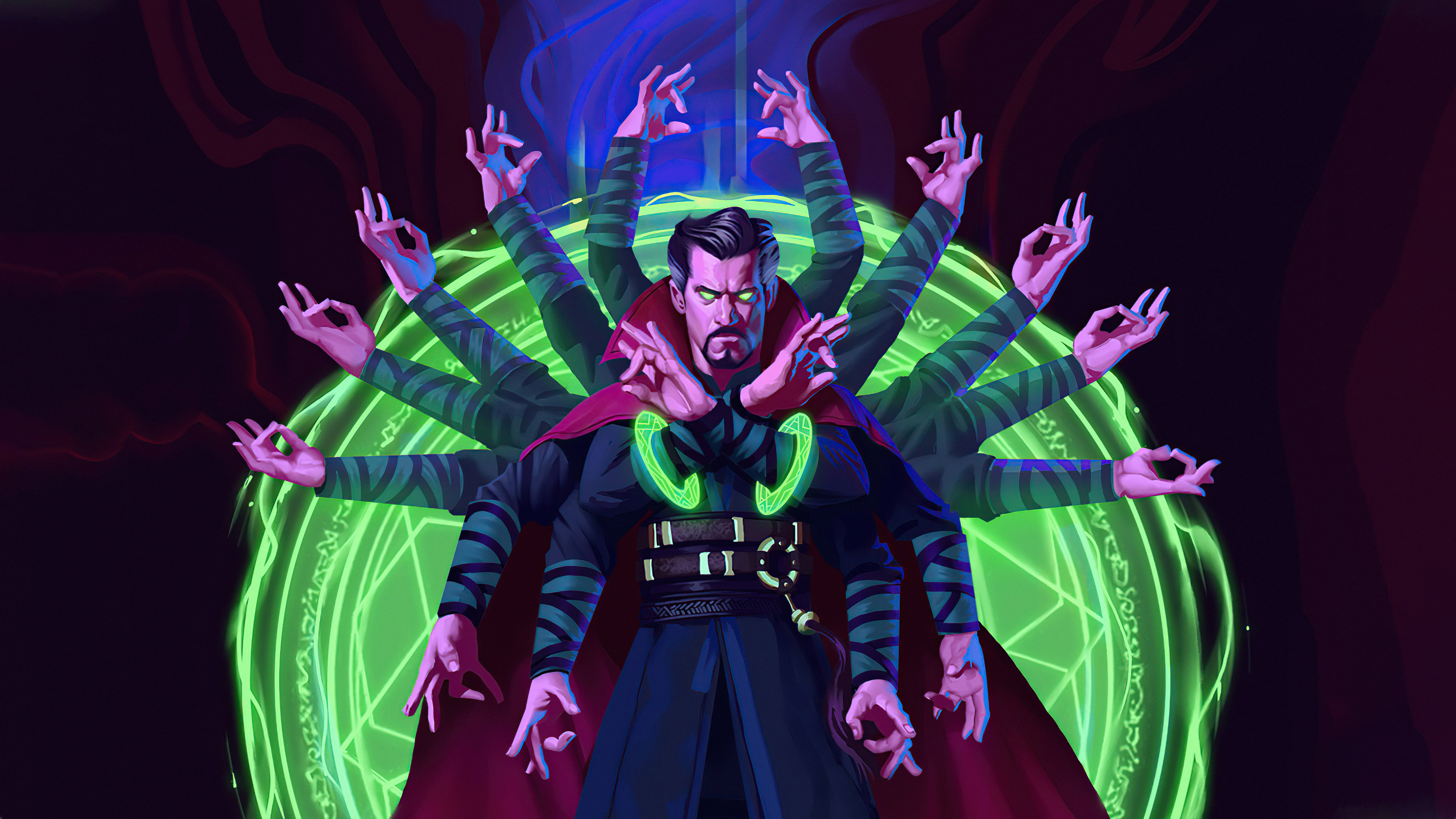 Doctor Strange, many arms, glowing green circular portal, 8K Desktop Wallpaper