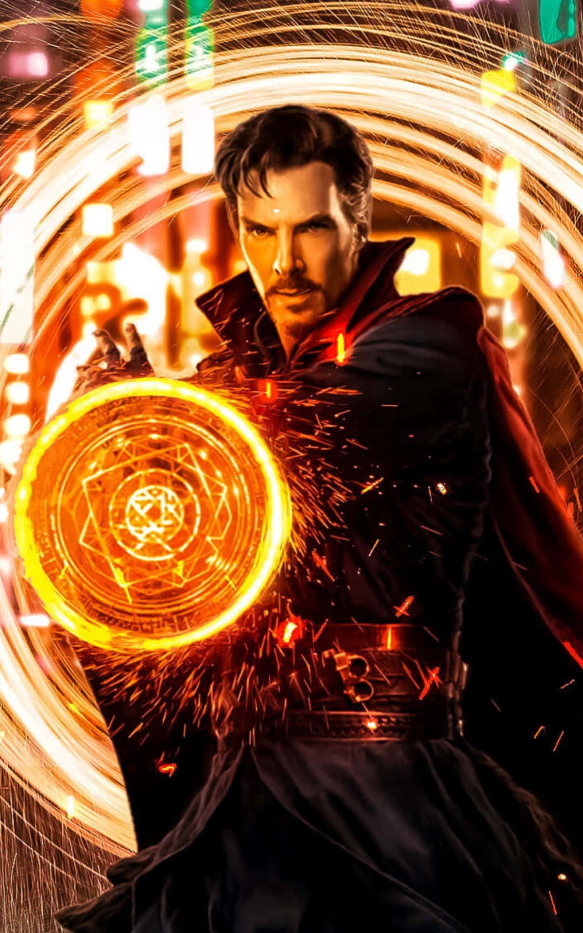 Doctor Strange, mystical energy, glowing orange spell circle, Full HD Phone Wallpaper