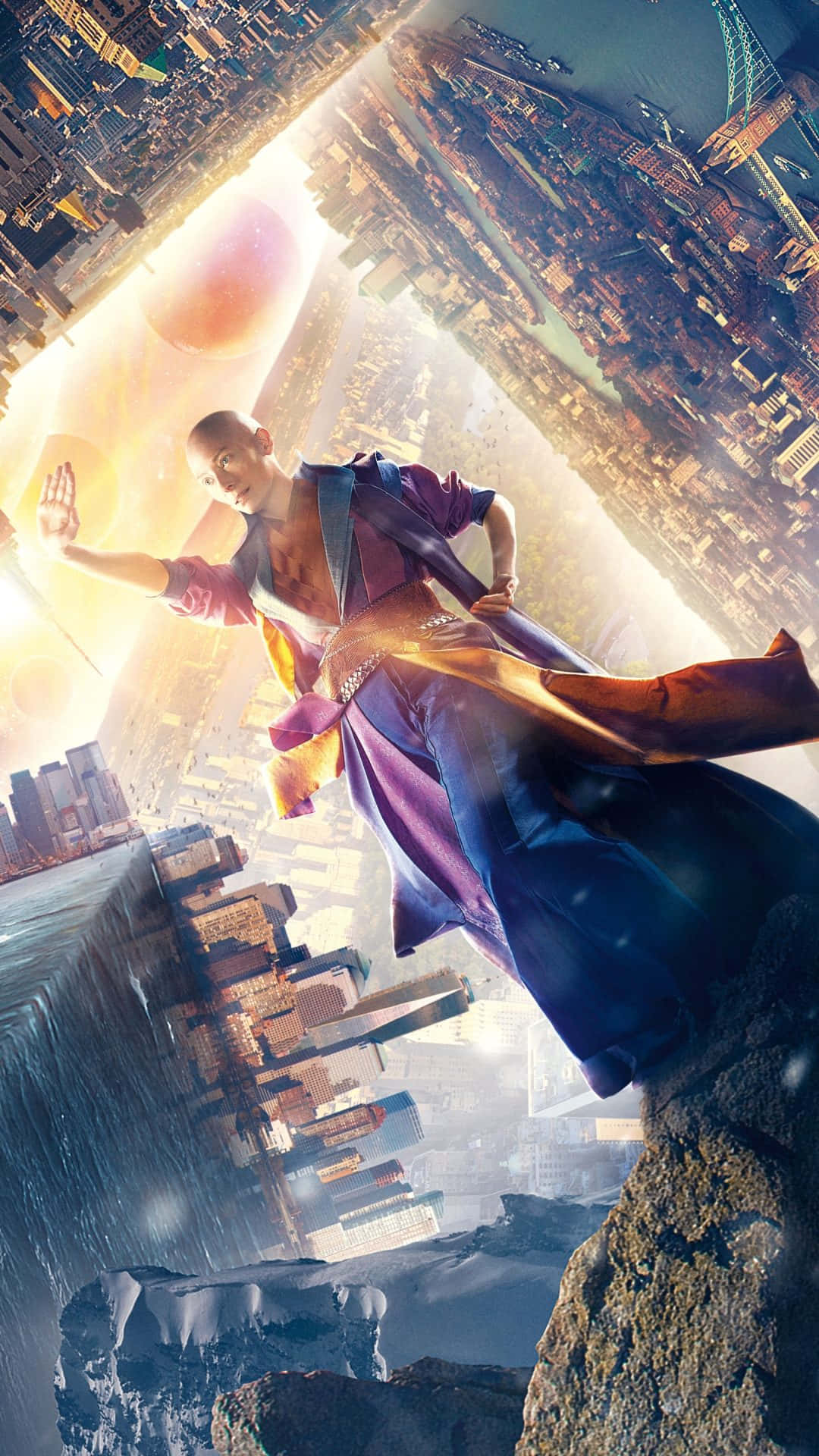 Doctor Strange, purple and gold robes, cityscape, Full HD Phone Wallpaper