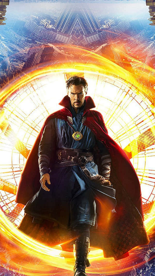 Doctor Strange, glowing orange mystical portal, futuristic cityscape, SD Phone Wallpaper