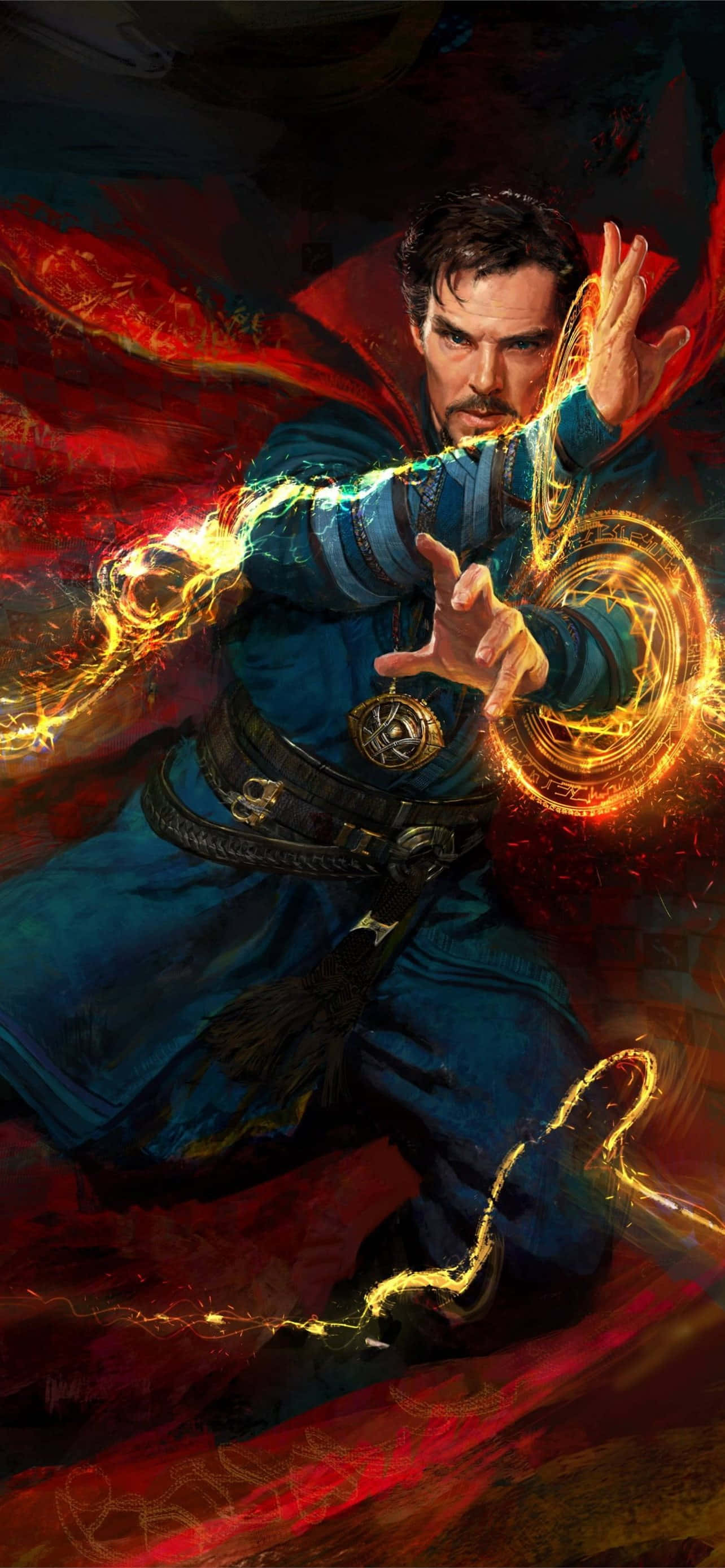 Doctor Strange, blue robe, glowing golden magic, 2K Phone Wallpaper