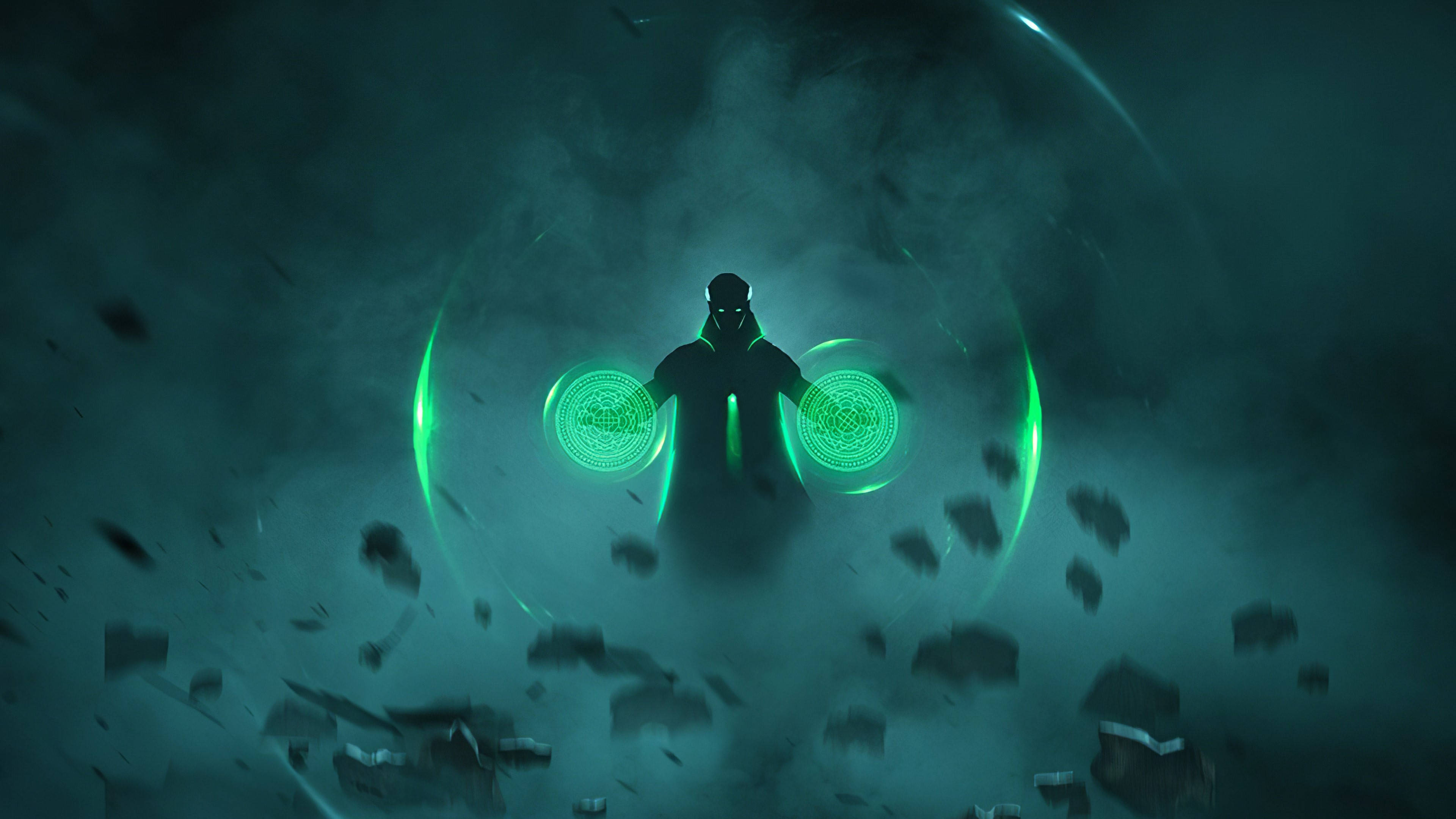 Doctor Strange, green circular energy discs, misty teal void, 4K Desktop Wallpaper