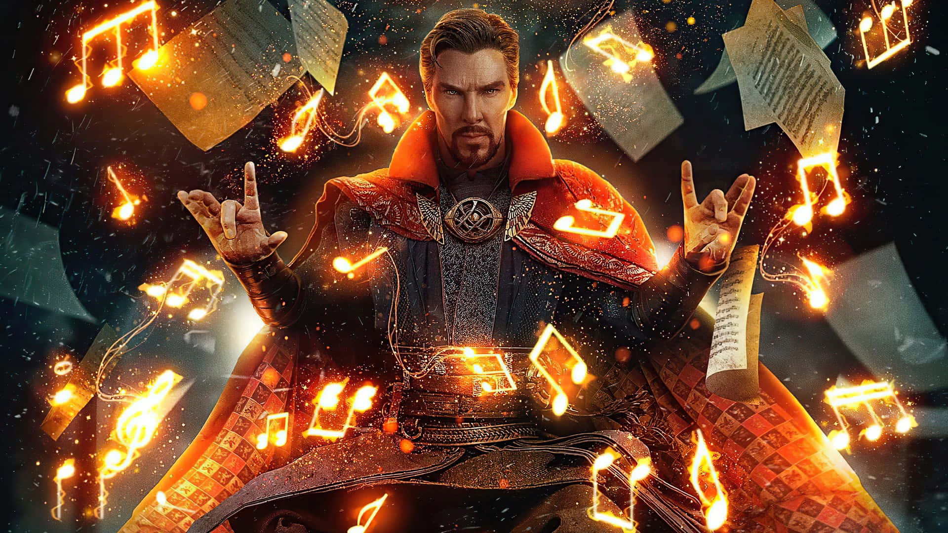 Doctor Strange, red cloak, glowing musical notes, Full HD Desktop Wallpaper