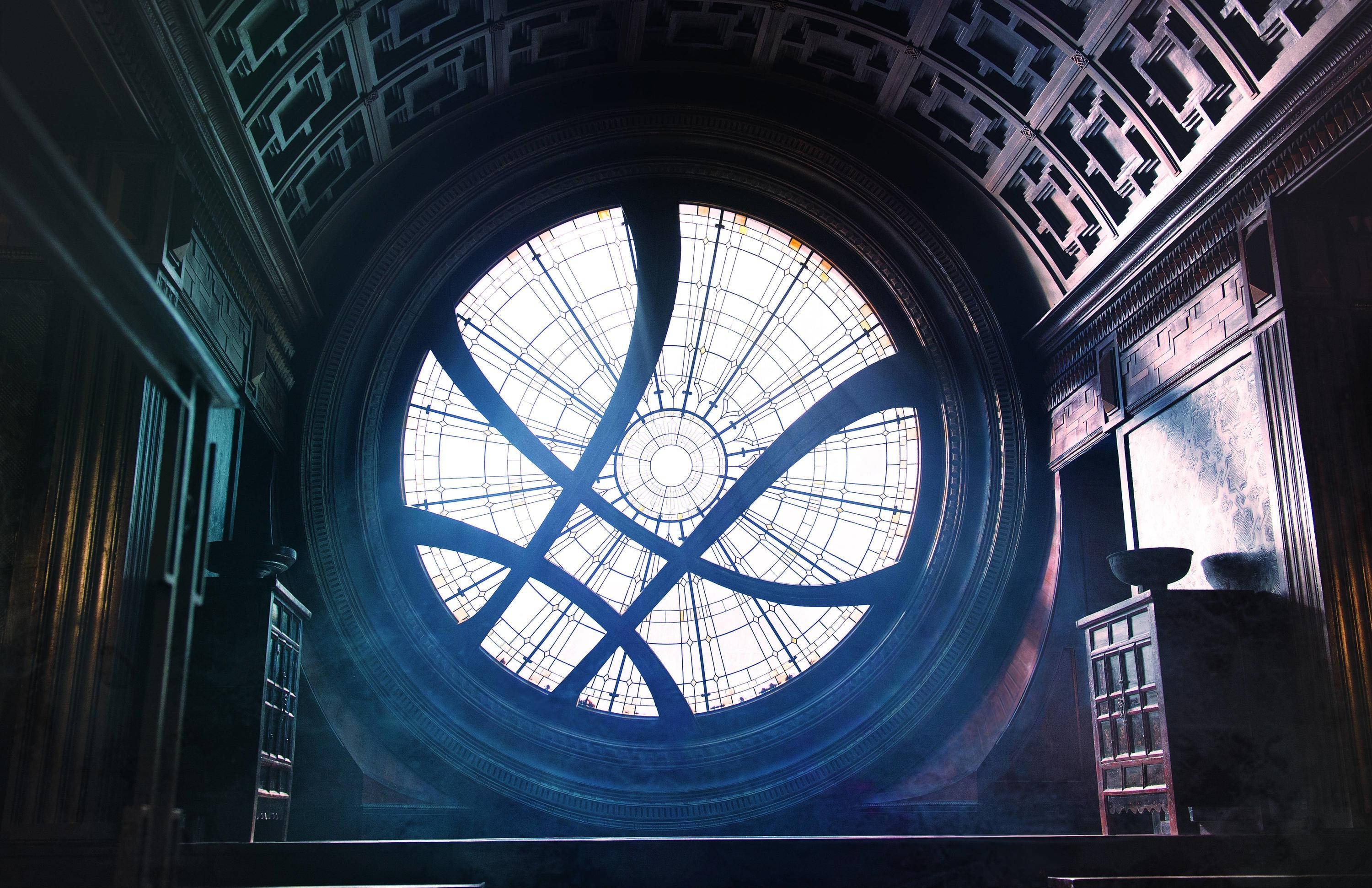 Doctor Strange, stained glass skylight, dark ornate interior, 2K Desktop Wallpaper