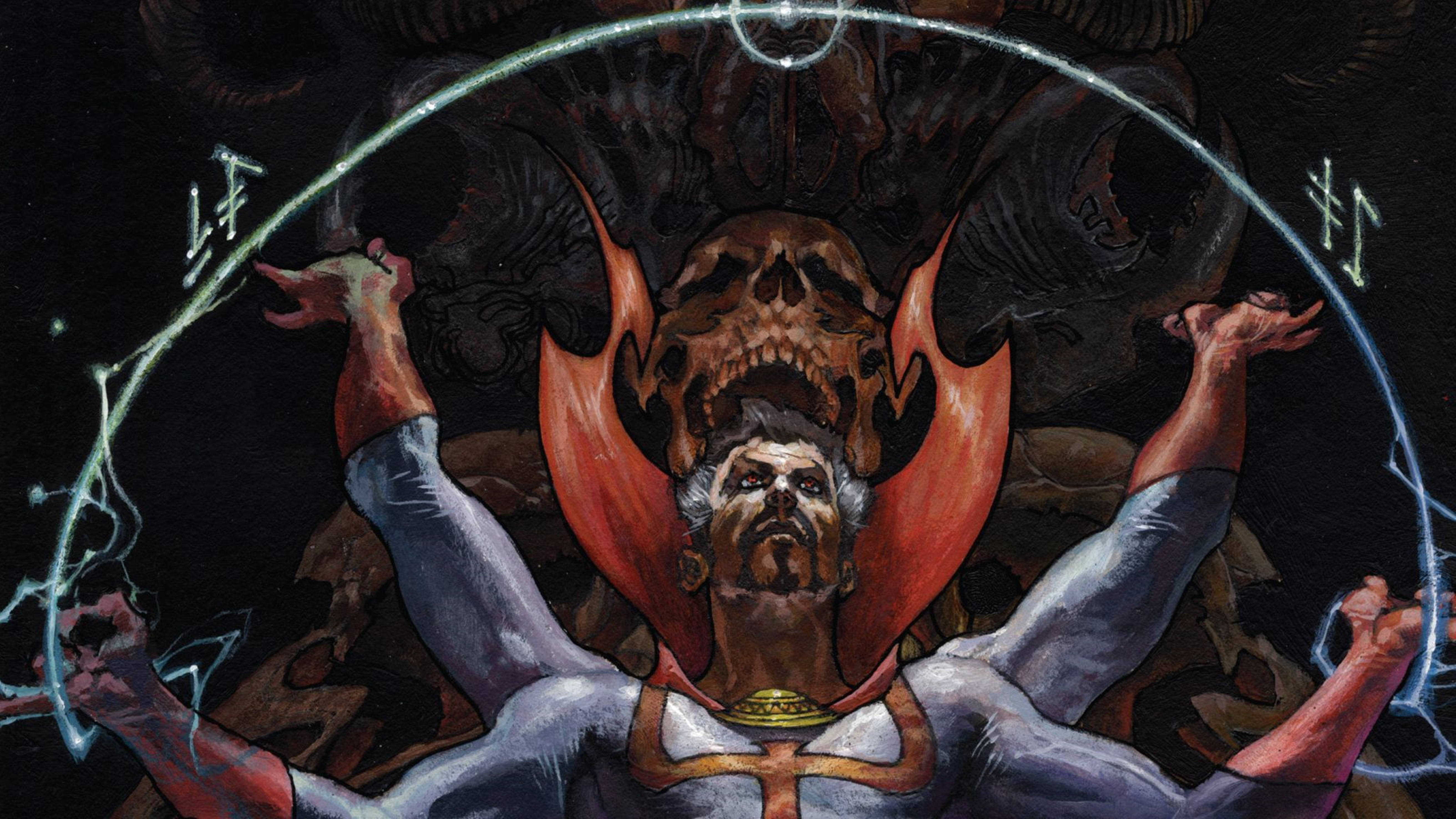 Doctor Strange, red cape, skull headdress, 5K Desktop Wallpaper