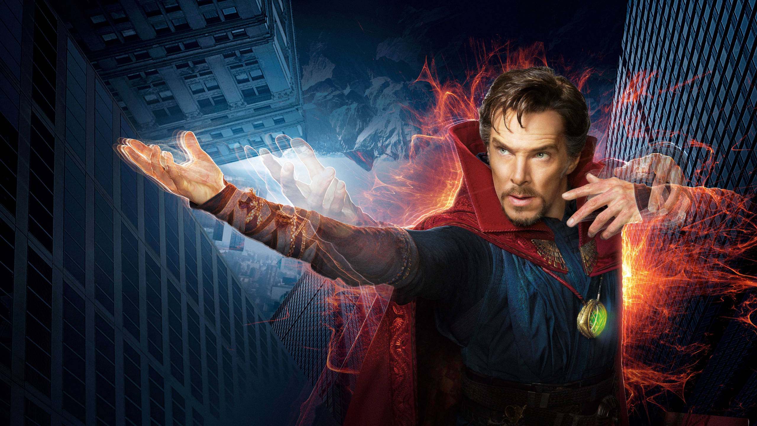 Doctor Strange, mystical energy, towering city skyscrapers, 2K Desktop Wallpaper