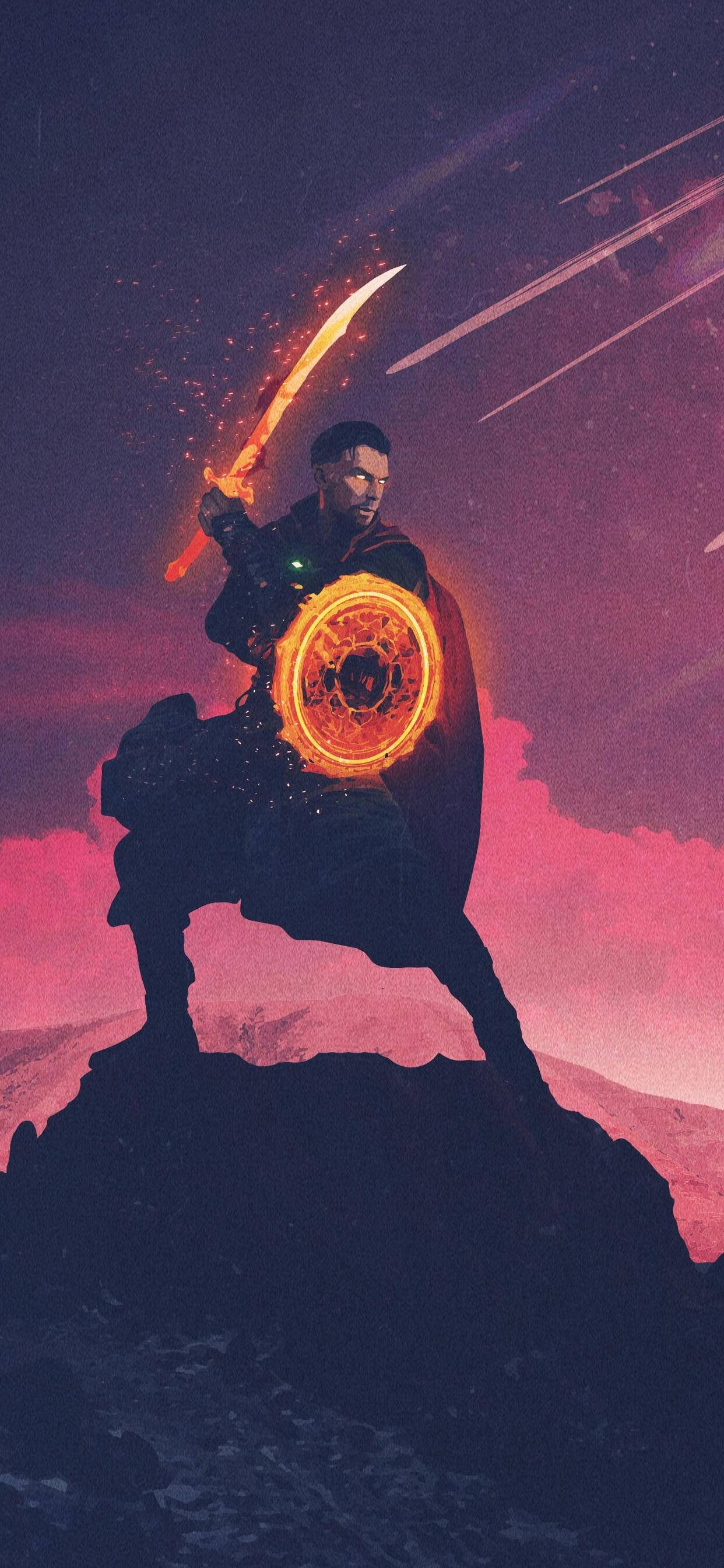 Doctor Strange, glowing sword, shield, 2K Phone Wallpaper